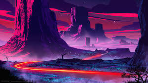 purple canyon, glowing red road, vibrant pink and magenta sky, SD Desktop Wallpaper