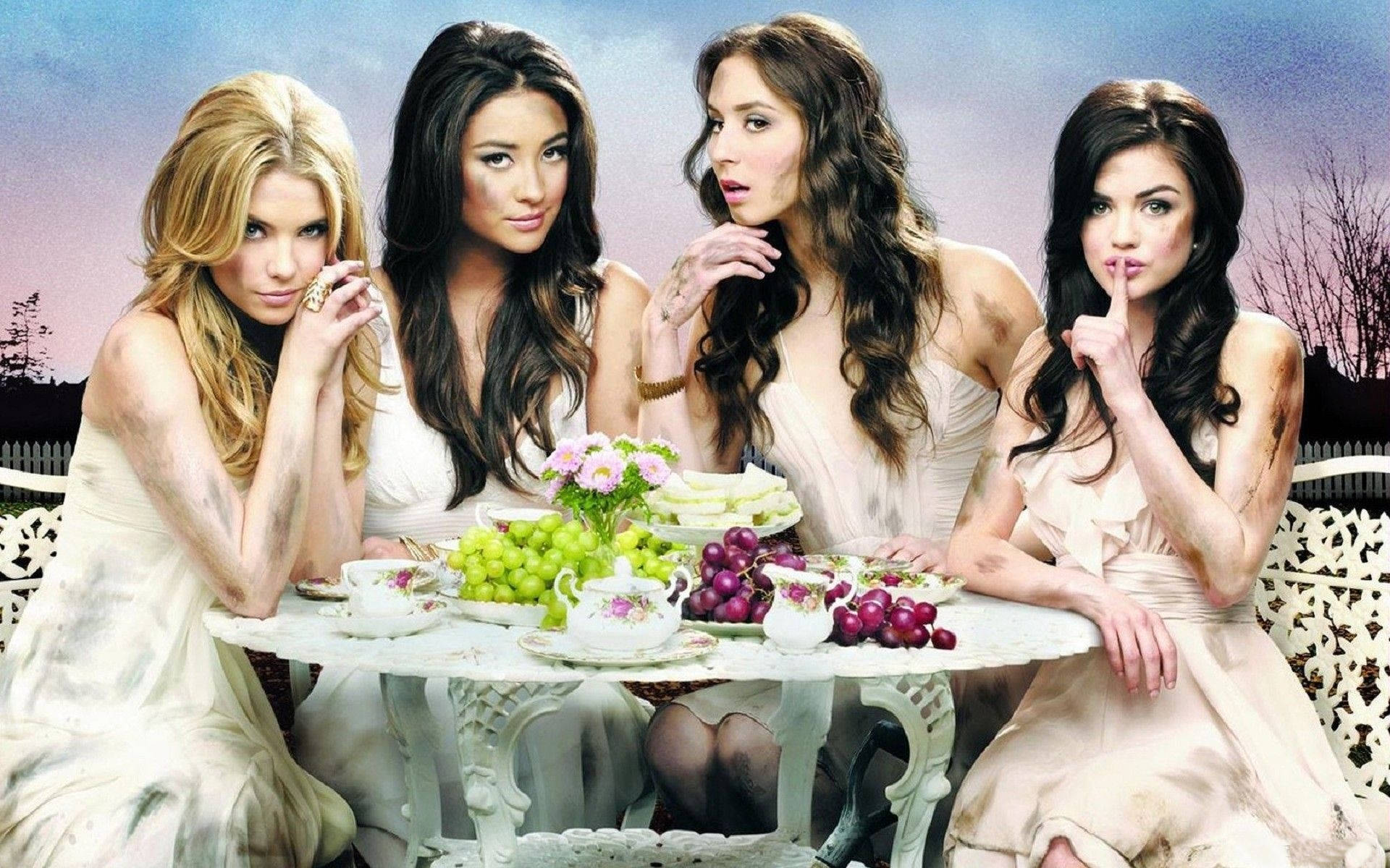Pretty Little Liars, white dresses, tea table, Full HD Desktop Wallpaper