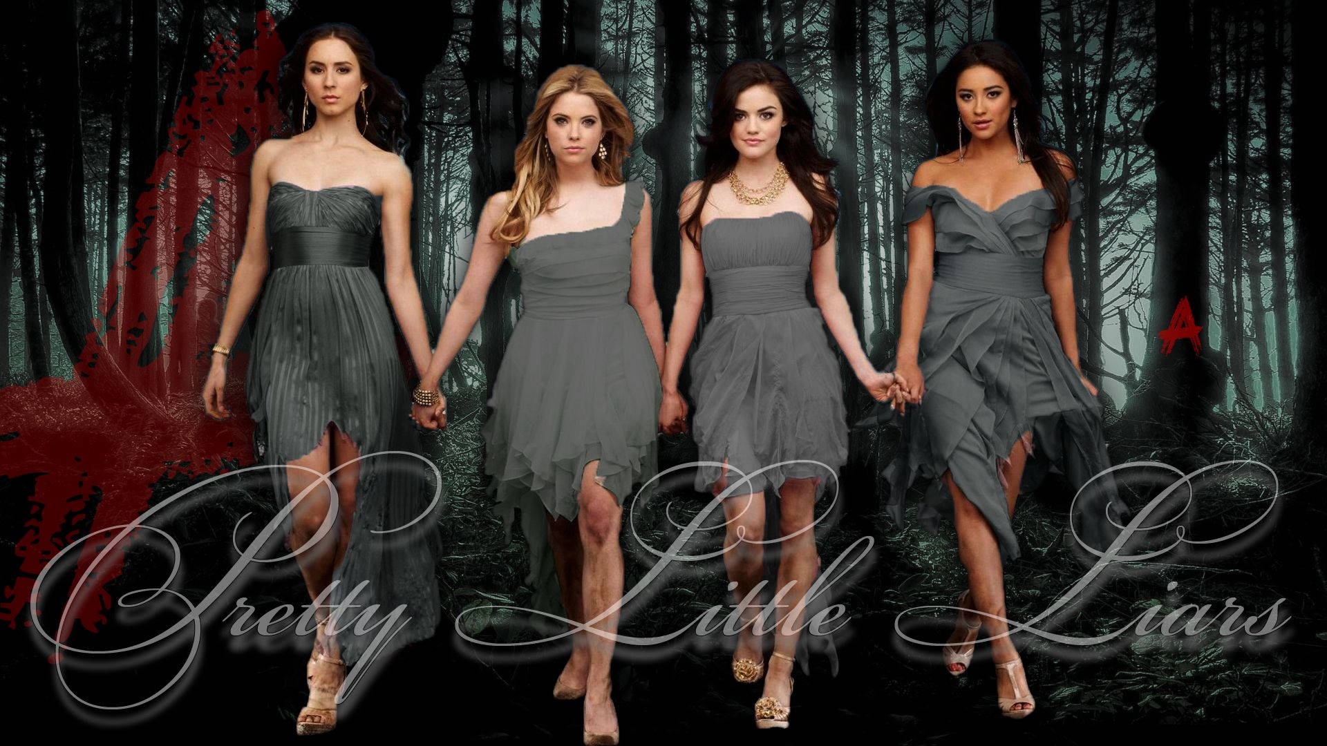 Pretty Little Liars, grey dresses, dark eerie forest, Full HD Desktop Wallpaper