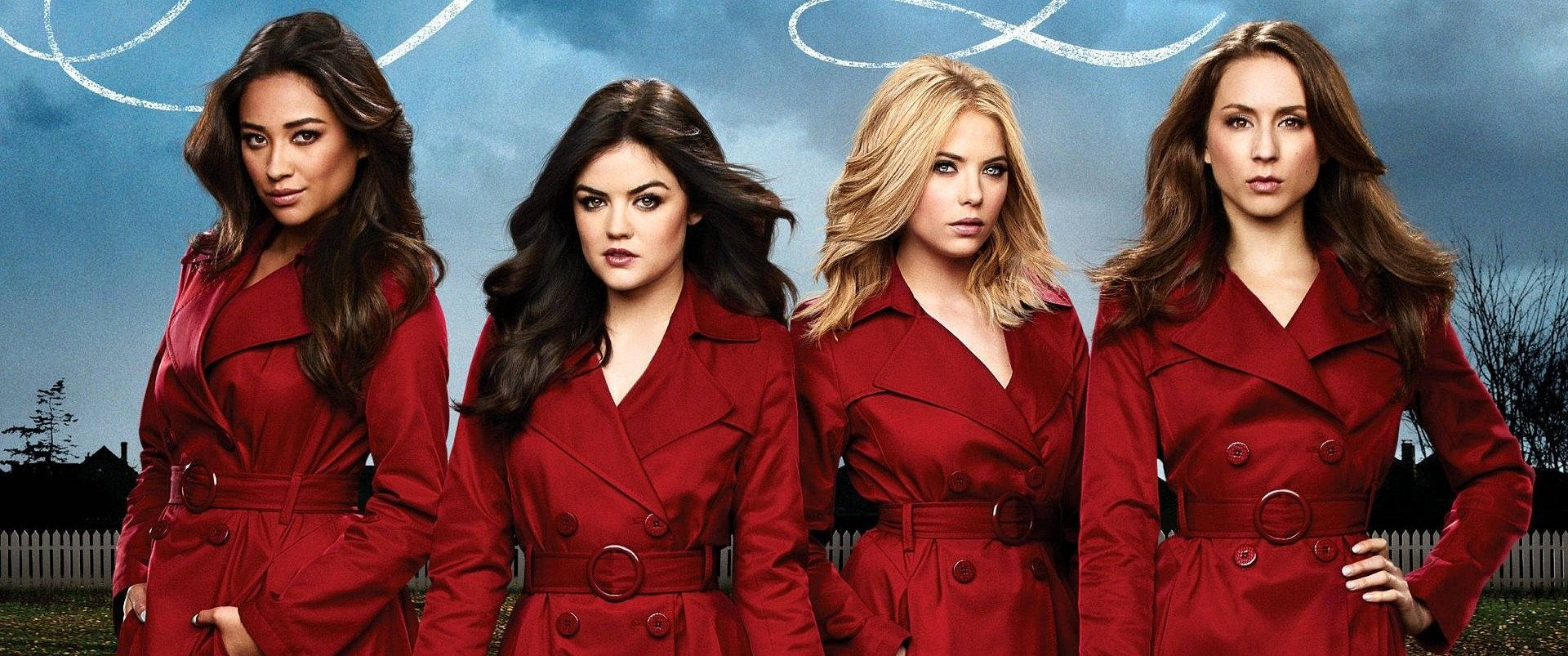 Pretty Little Liars, red trench coats, stormy sky, Full HD Desktop Wallpaper