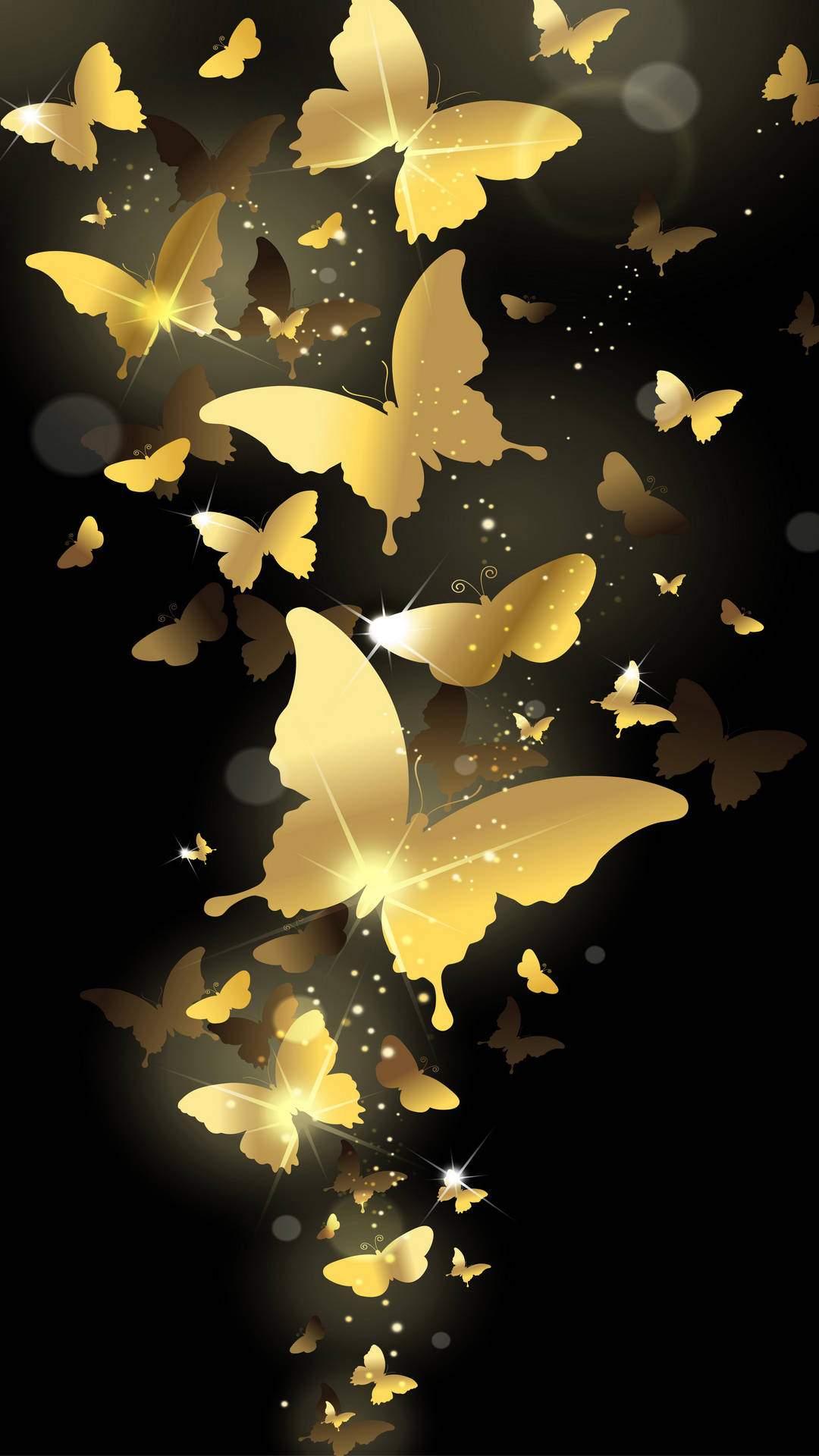 golden butterflies, glowing highlights, dark background, Full HD Phone Wallpaper