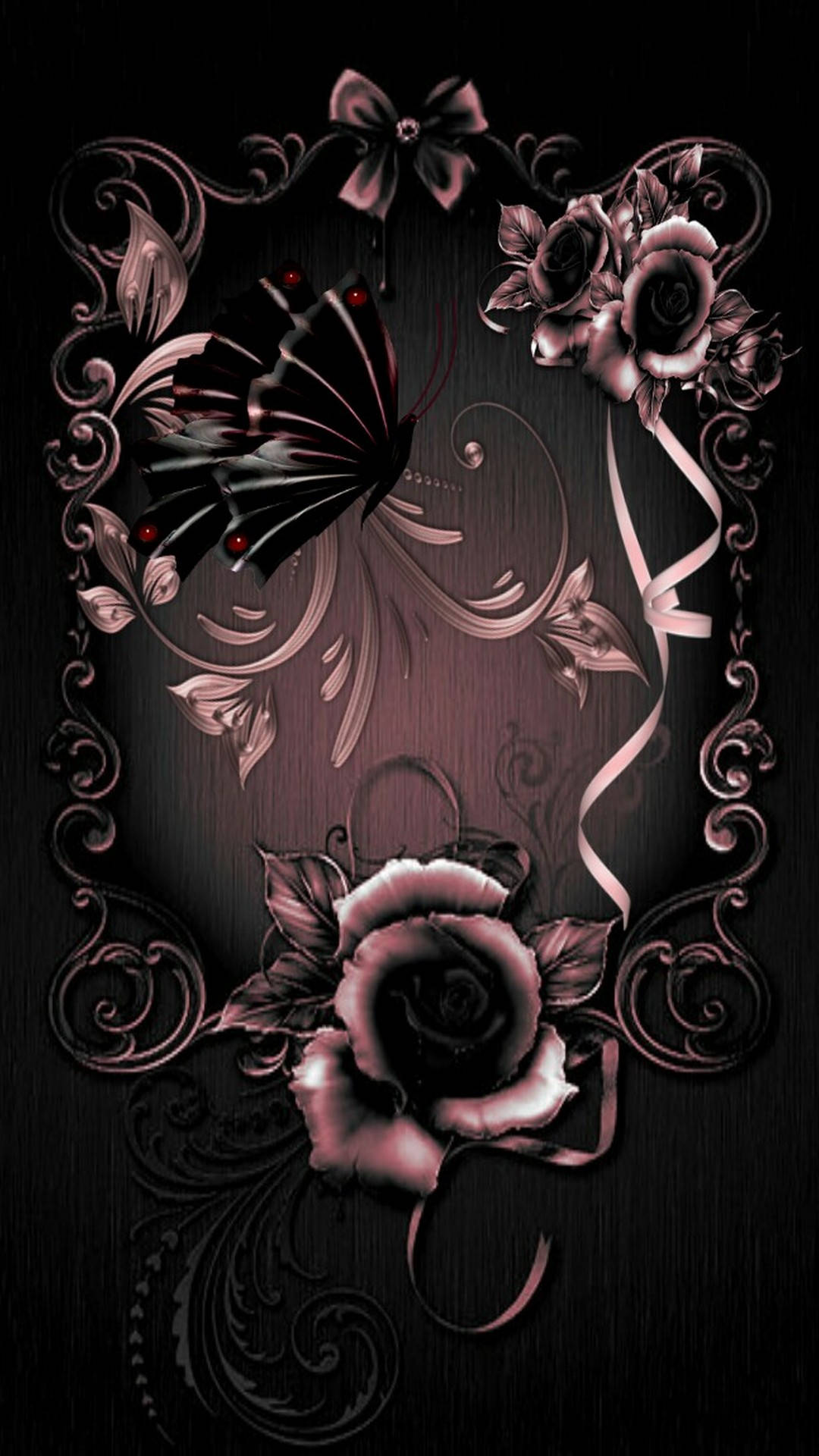 dark pink roses, black butterfly, swirling ornate frame, Full HD Phone Wallpaper