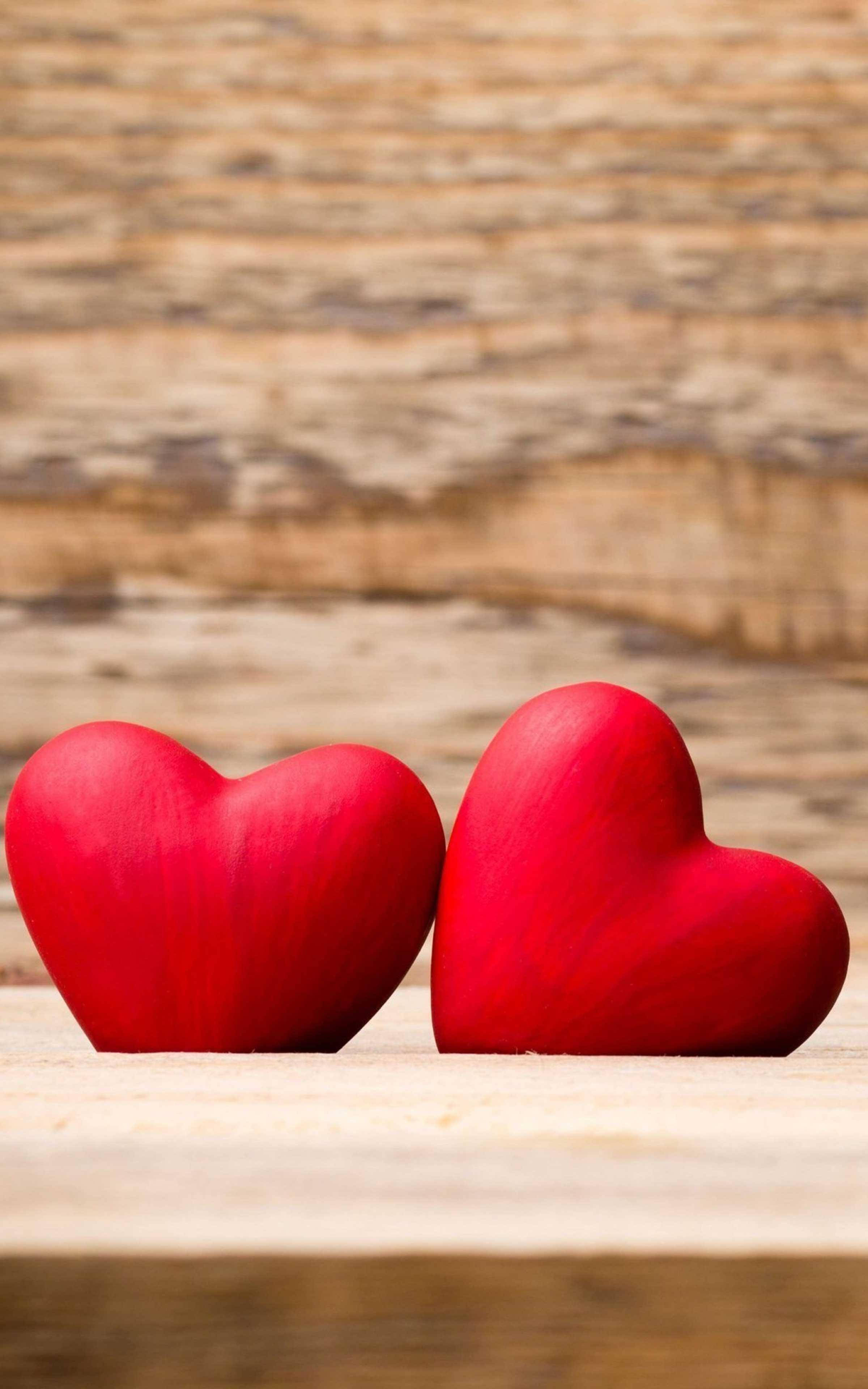 red hearts, glossy, weathered wooden surface, 4K Phone Wallpaper