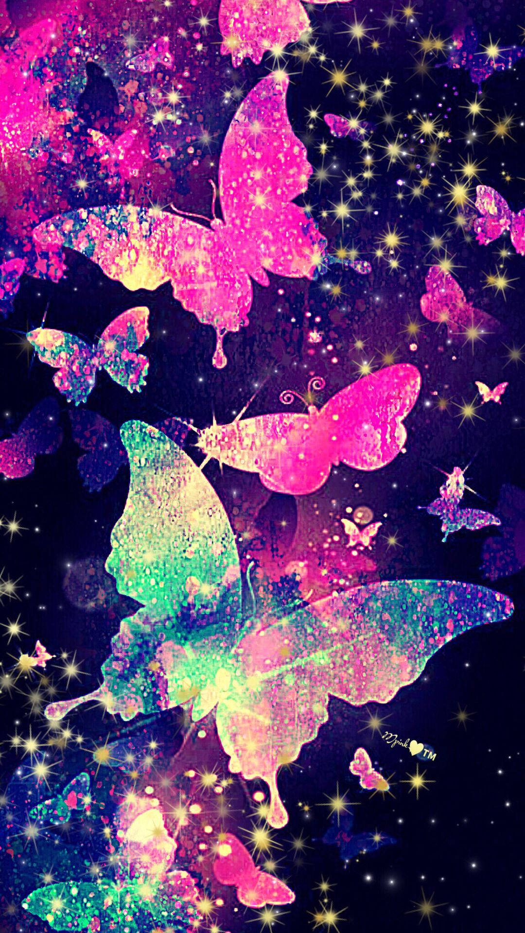 glittery butterflies, pink green and purple, starry cosmic night sky, Full HD Phone Wallpaper