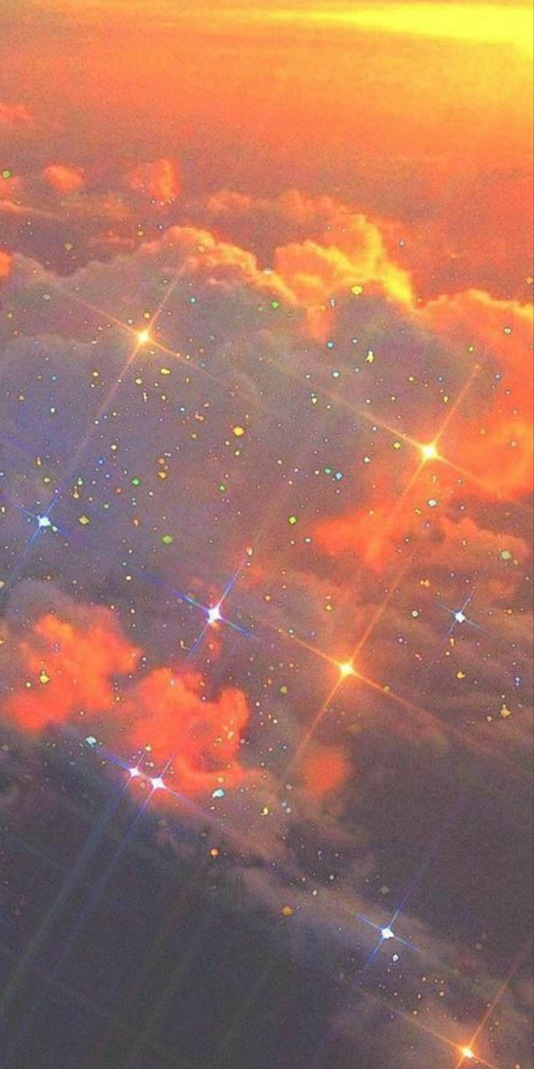 sparkling stars, glowing orange clouds, surreal sky, Full HD Phone Wallpaper
