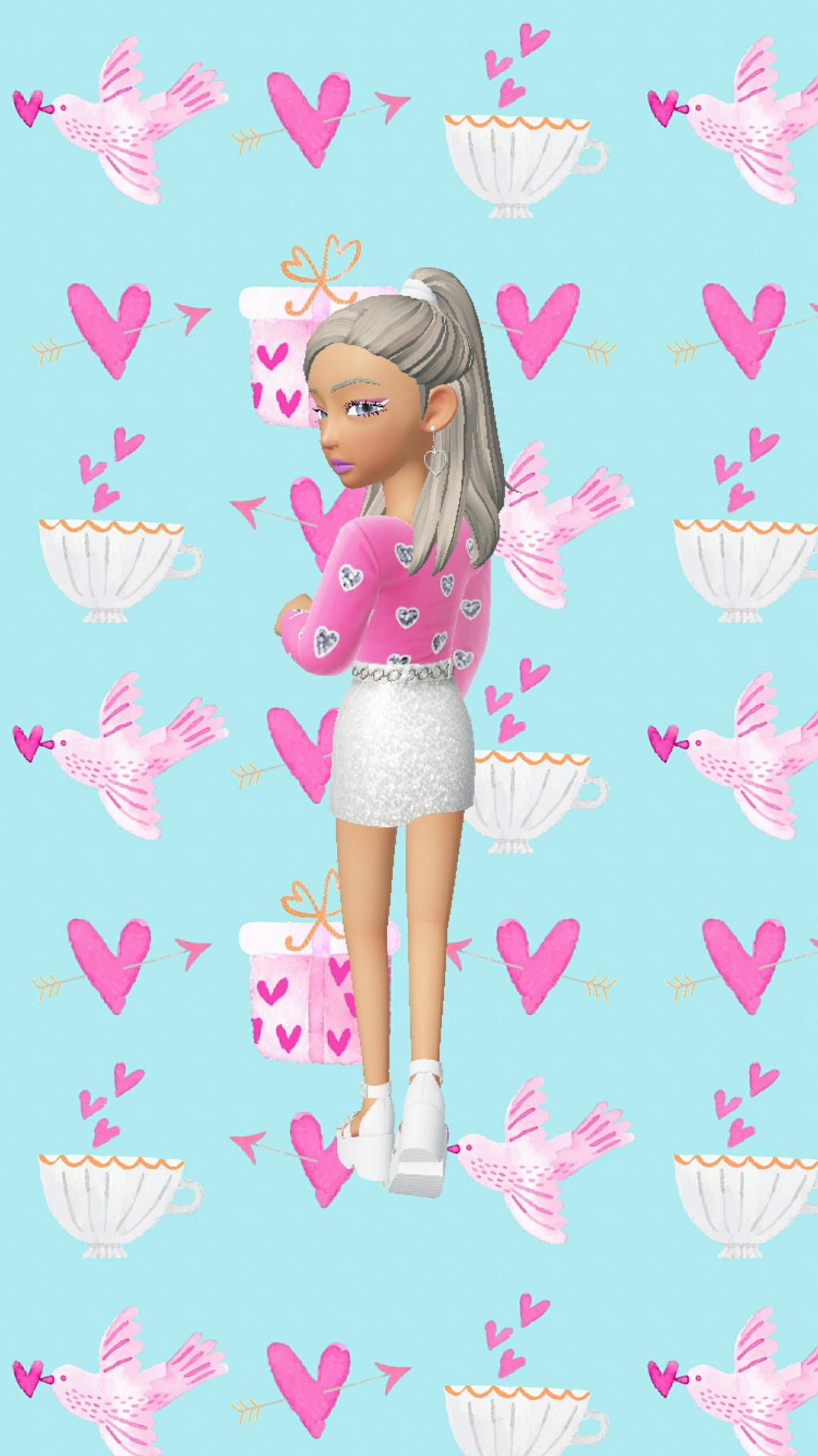 pink heart-patterned sweater, white skirt, light blue background, Full HD Phone Wallpaper