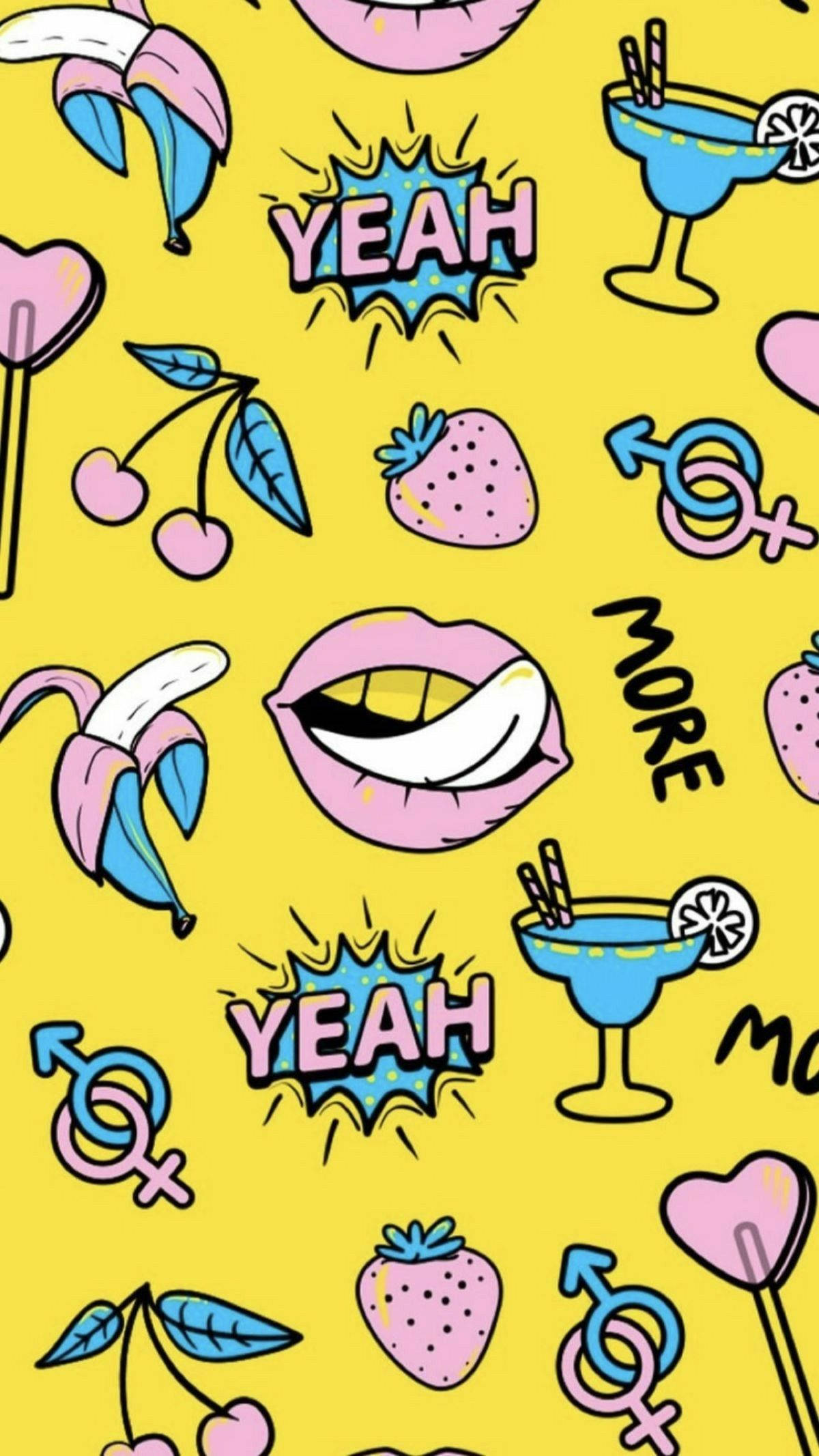 Vibrant yellow, playful cartoon icons, lips, Full HD Phone Wallpaper