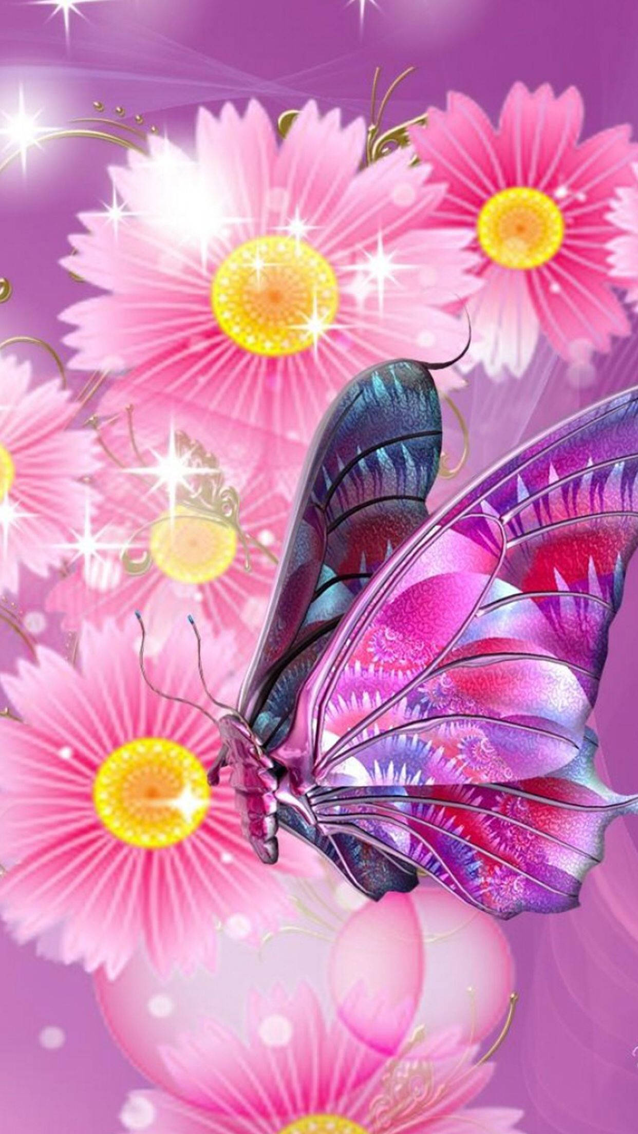 vibrant purple butterfly, iridescent wings, glowing pink daisies, Full HD Phone Wallpaper