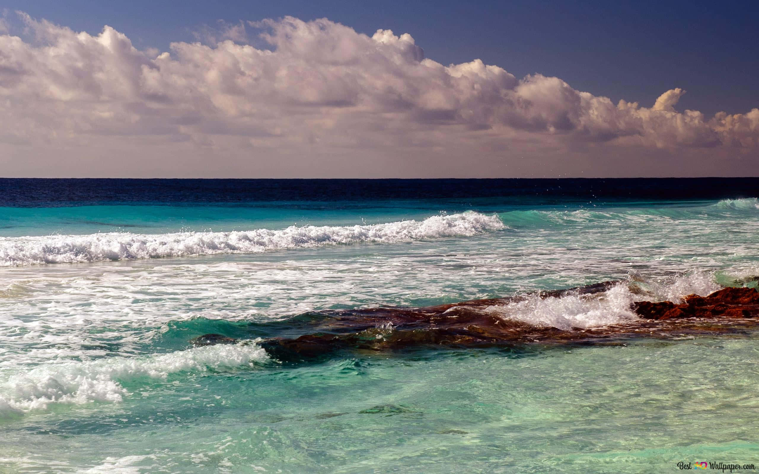Pretty Ocean, Turquoise ocean, dark rocks, 2K Desktop Wallpaper