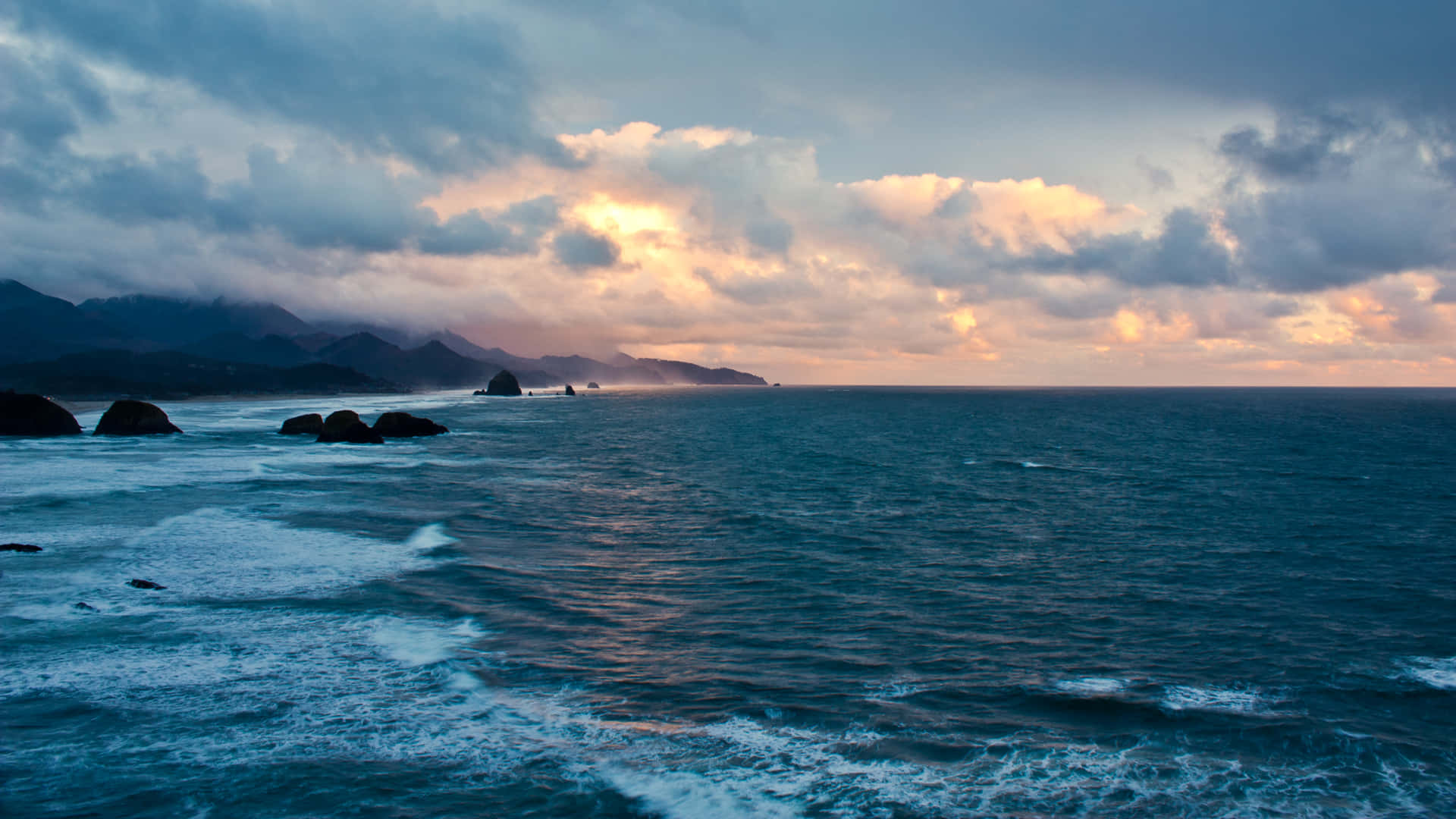 Pretty Ocean, Sunset, stormy clouds, Full HD Desktop Wallpaper
