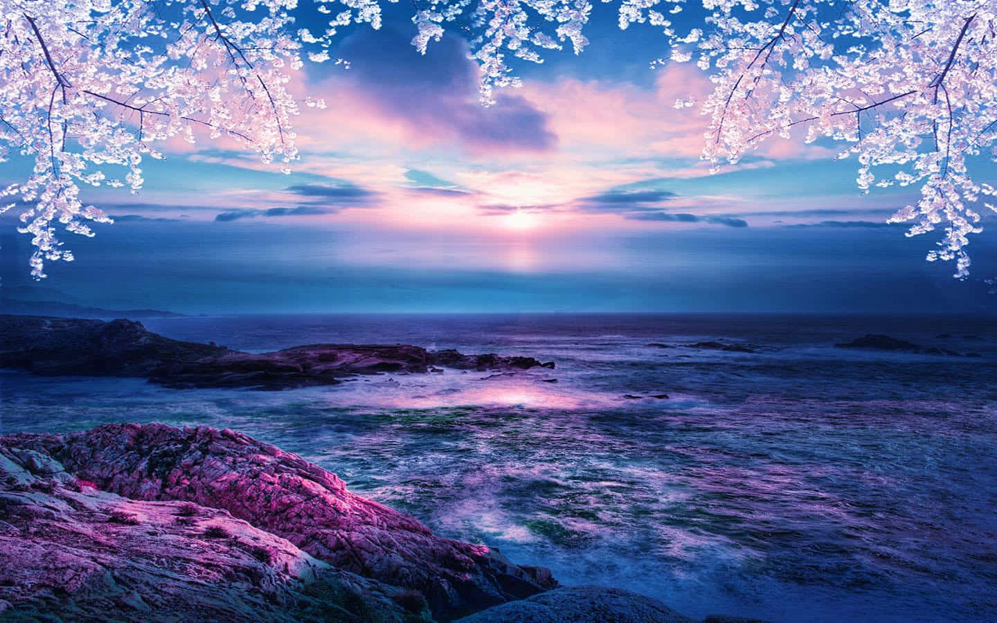 Pretty Ocean, Cherry blossoms, Serene ocean, HD Desktop Wallpaper