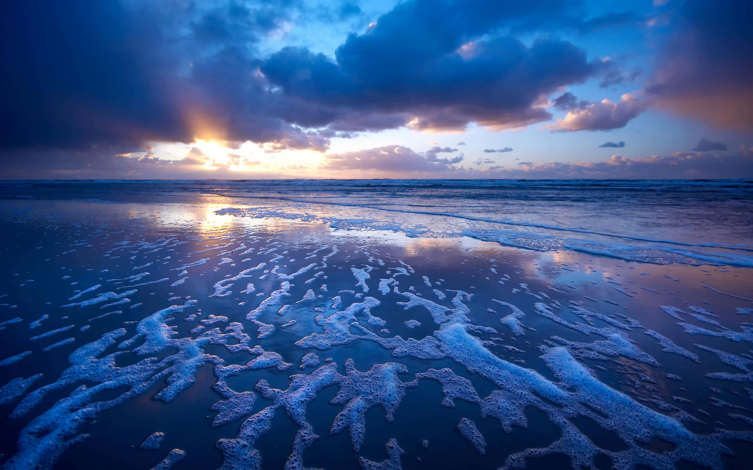 Pretty Ocean, Sunset, foamy ocean waves, 2K Desktop Wallpaper