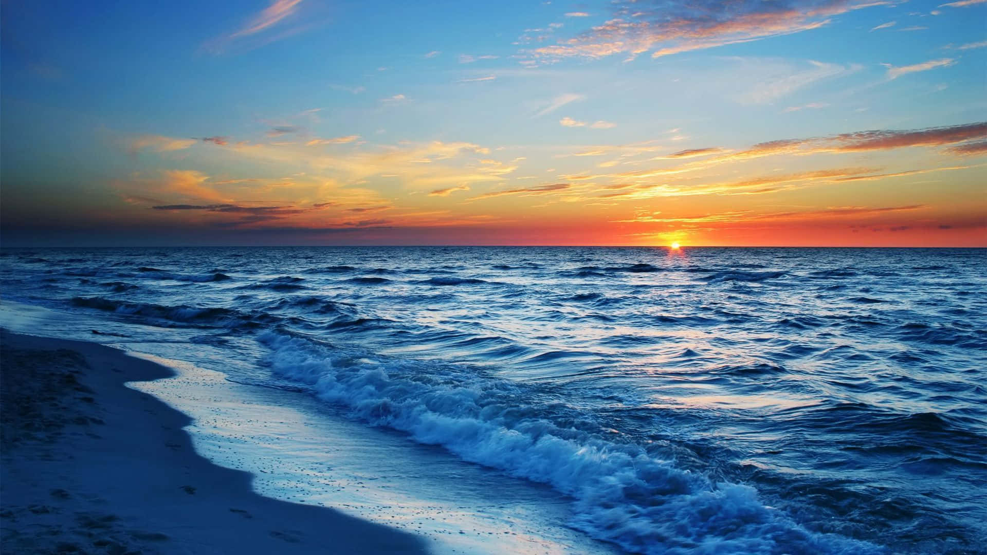Pretty Ocean, yellow-tinted sky, sunset, Full HD Desktop Wallpaper