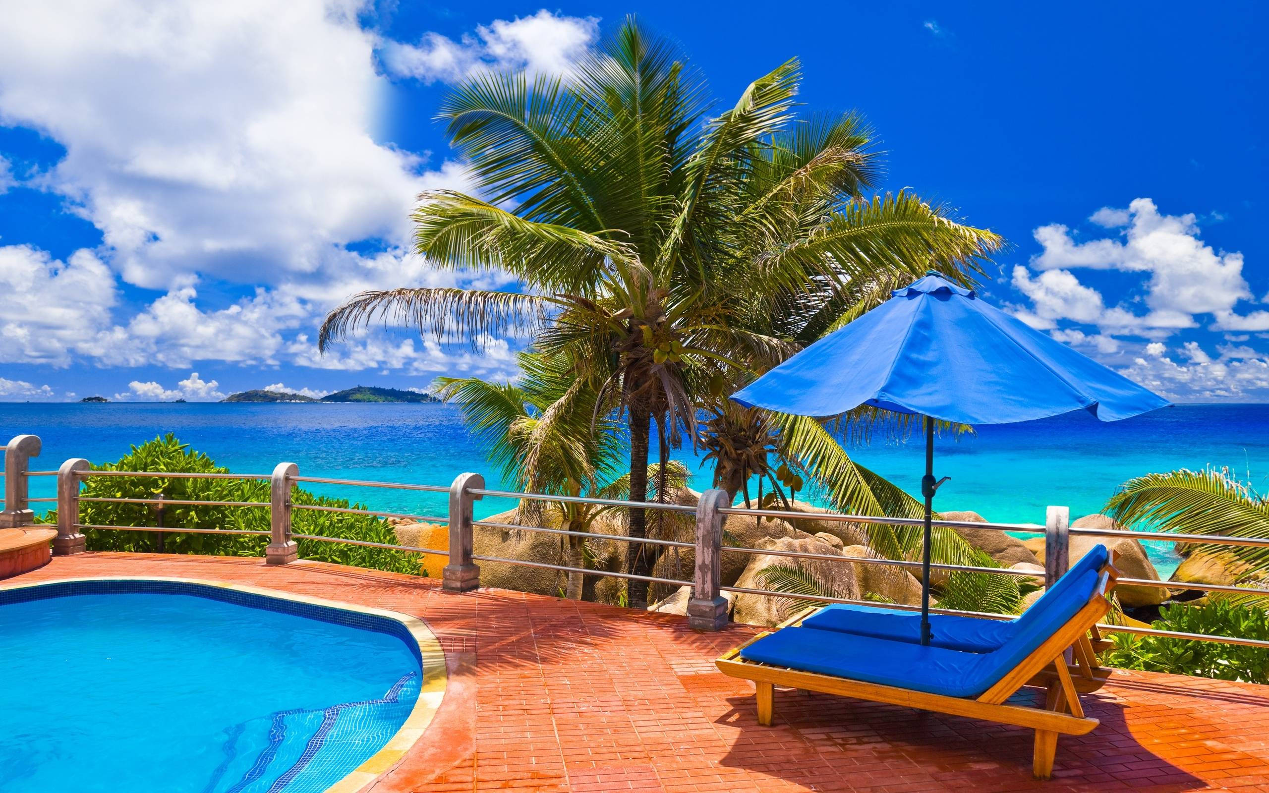 tropical poolside lounge, blue umbrella, lounge chair, 2K Desktop Wallpaper