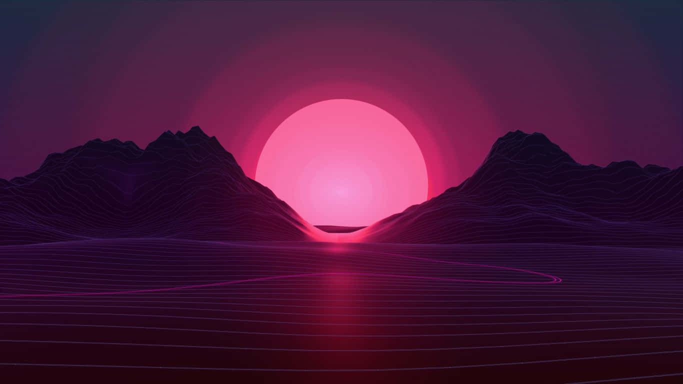 glowing pink sun, purple mountains, grid-patterned terrain, HD Desktop Wallpaper
