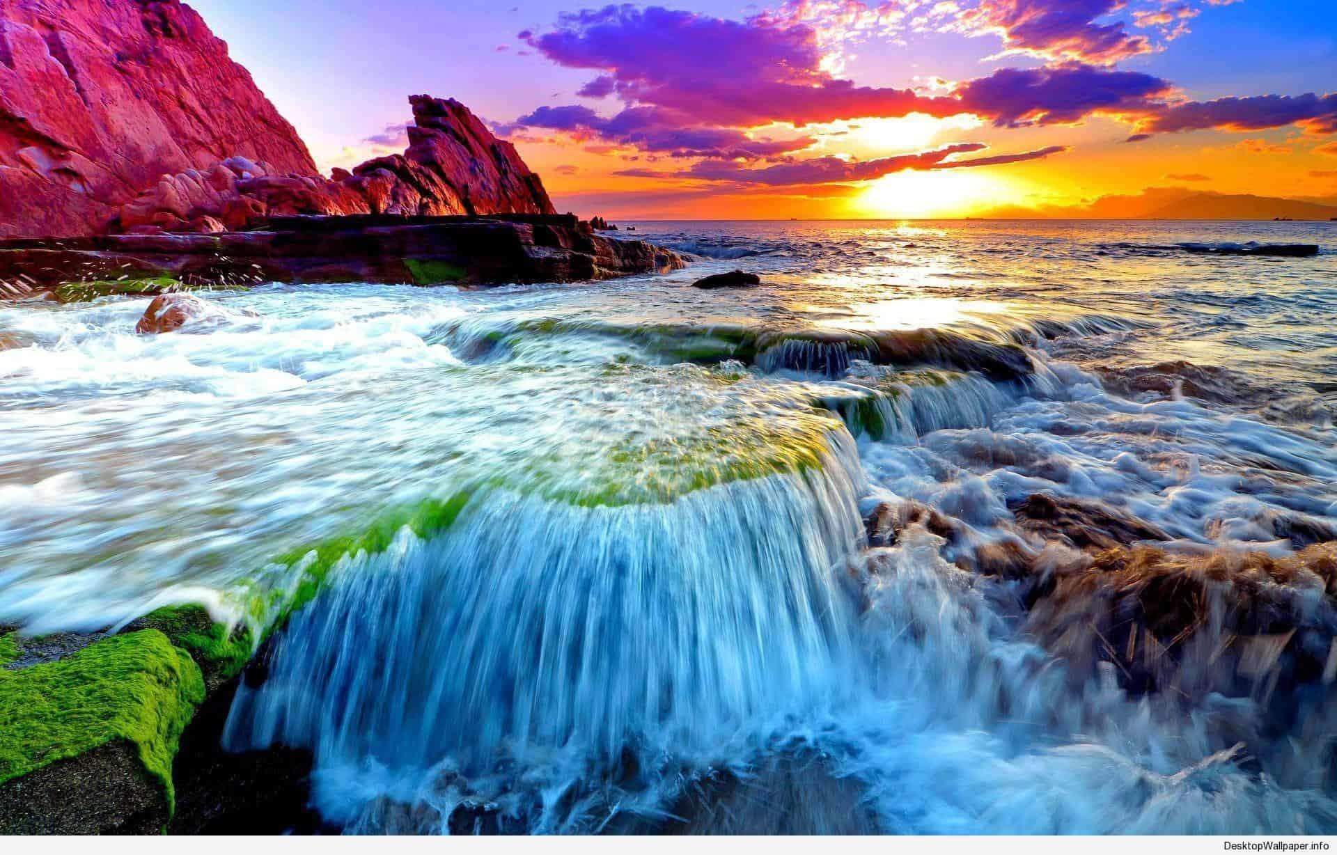 vibrant sunset, fiery hues, waves, Full HD Desktop Wallpaper