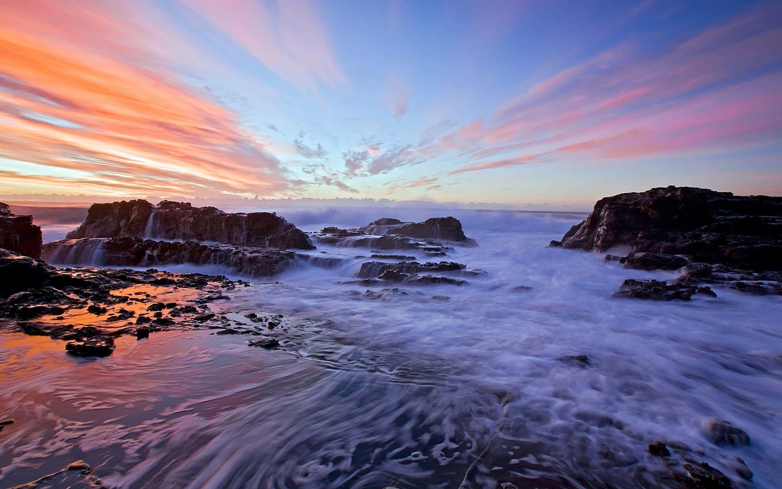 Sunset, fiery orange and pink, waves, 2K Desktop Wallpaper