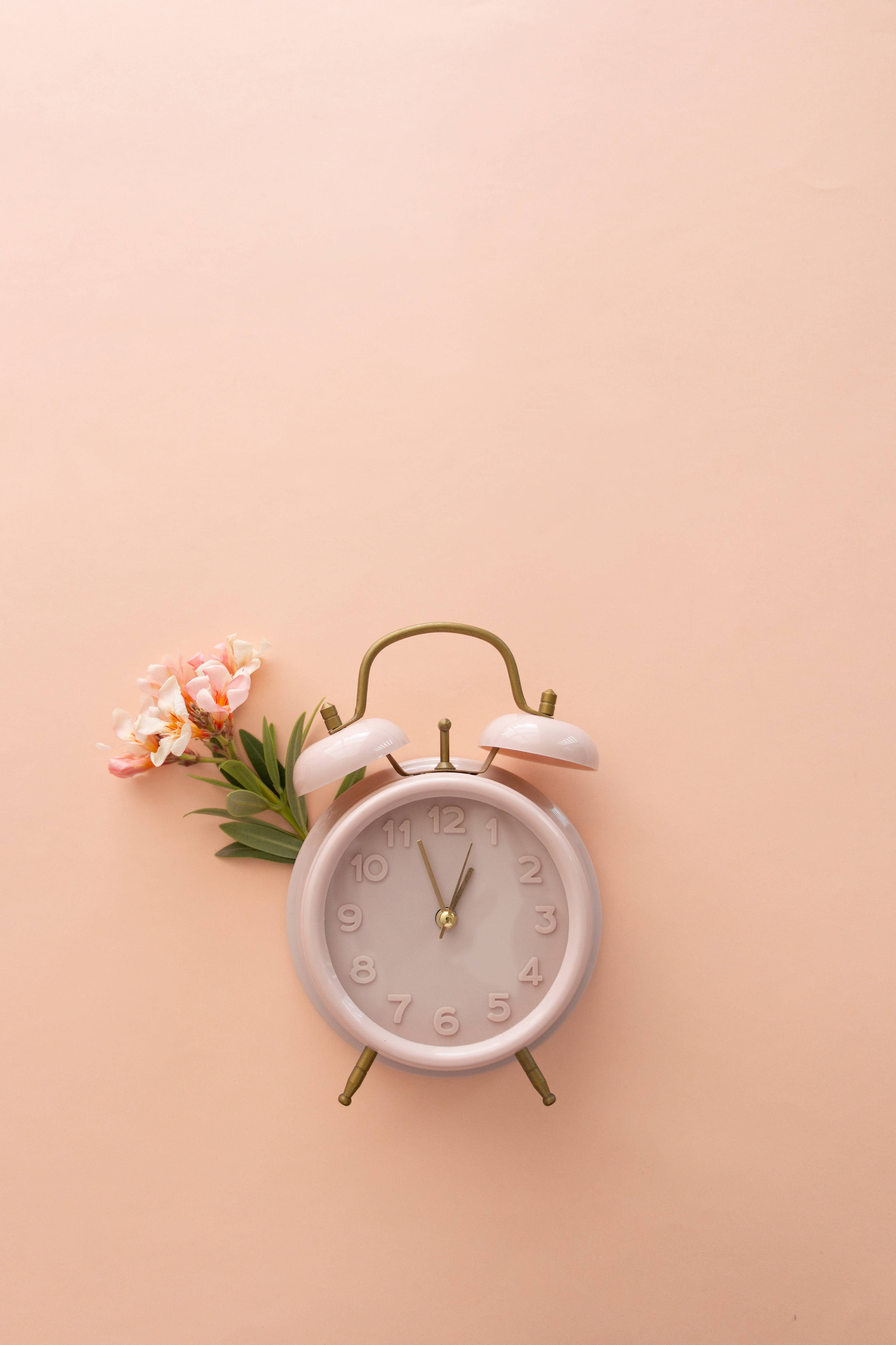 pastel pink, vintage alarm clock, brass bells, 4K Phone Wallpaper