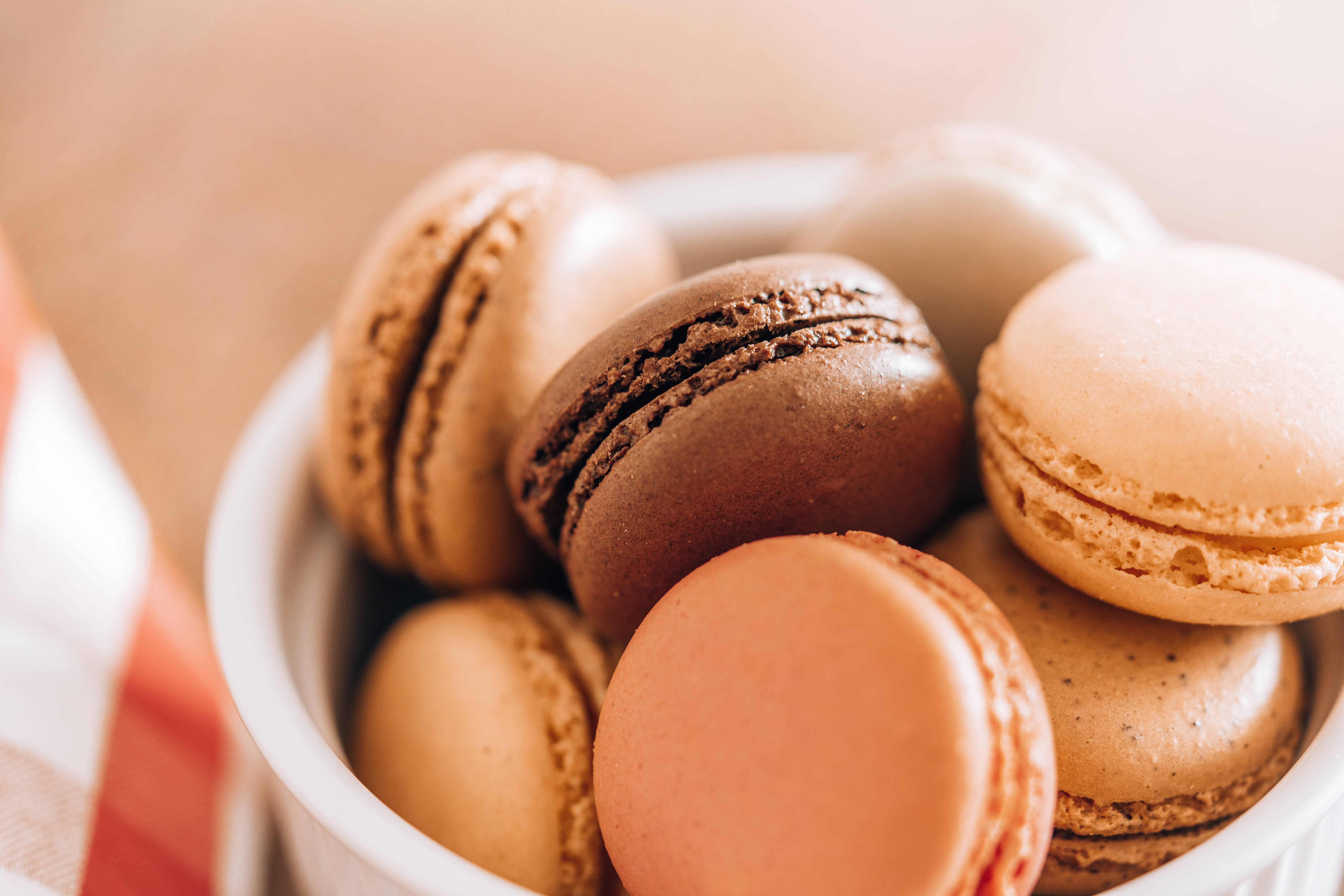 pretty pastel, brown macarons, white bowl, 5K Desktop Wallpaper