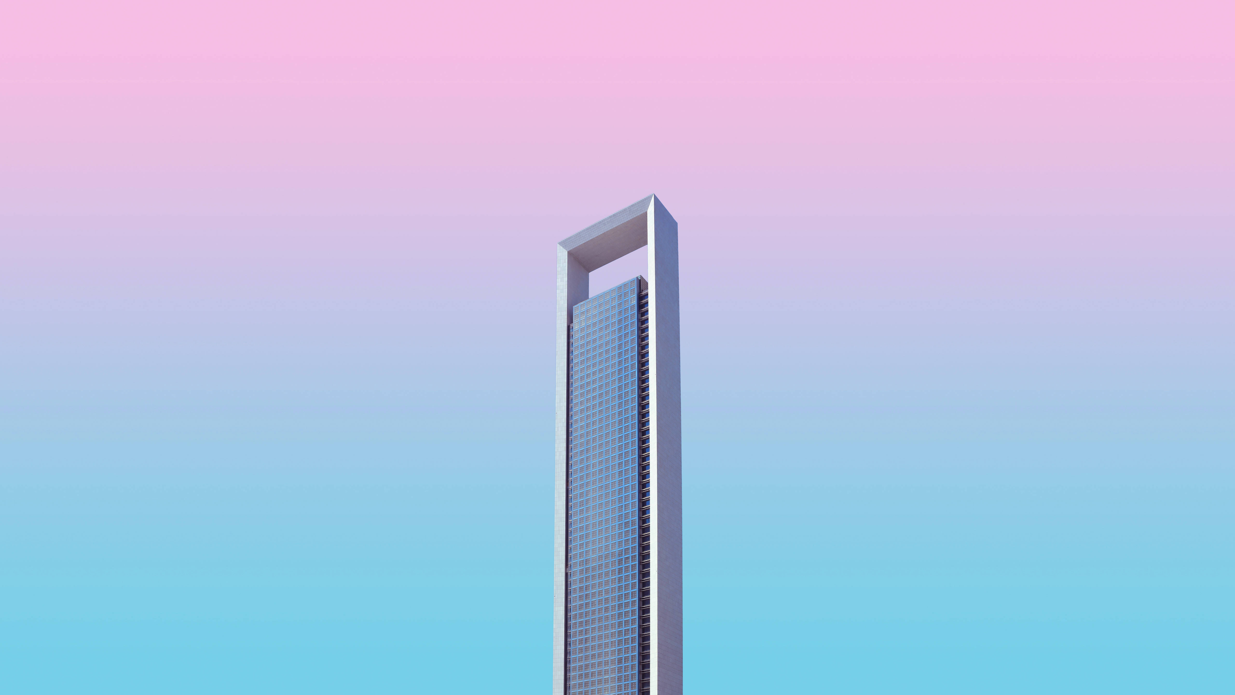 Pretty Pastel Skyscraper, ring top, soft pink to blue gradient sky, 5K Desktop Wallpaper