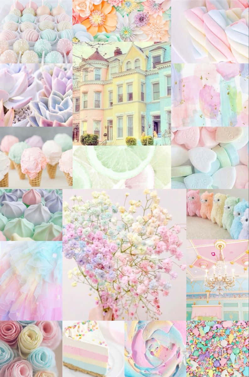 pastel rainbow collage aesthetic, candy macarons, flowers, SD Phone Wallpaper