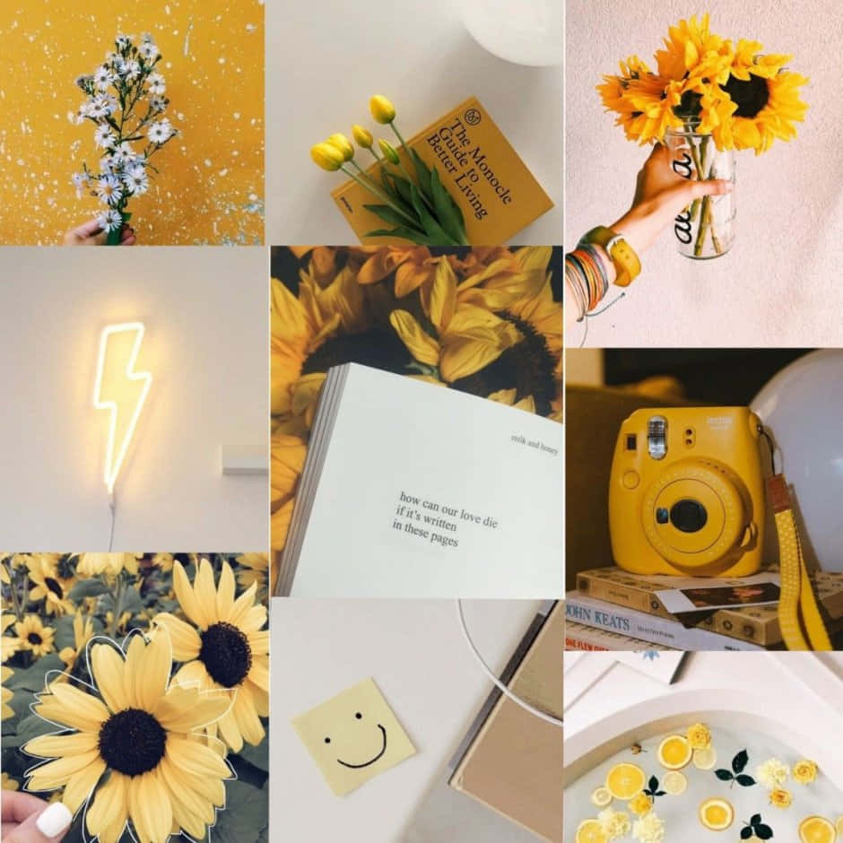 vintage pastel yellow aesthetic collage, sunflowers, books, SD Desktop Wallpaper