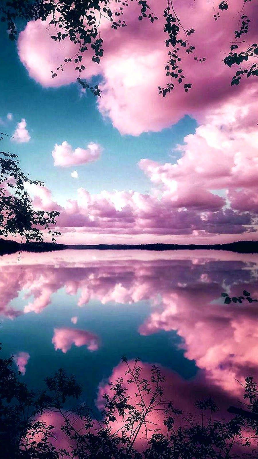pink clouds, teal clouds, serene lake, HD Phone Wallpaper