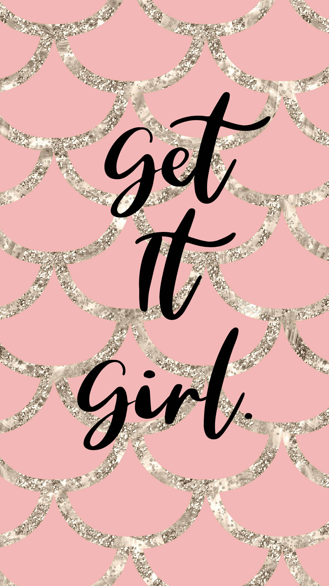 Pink background, silver glitter mermaid scale pattern, black cursive text, Full HD Phone Wallpaper