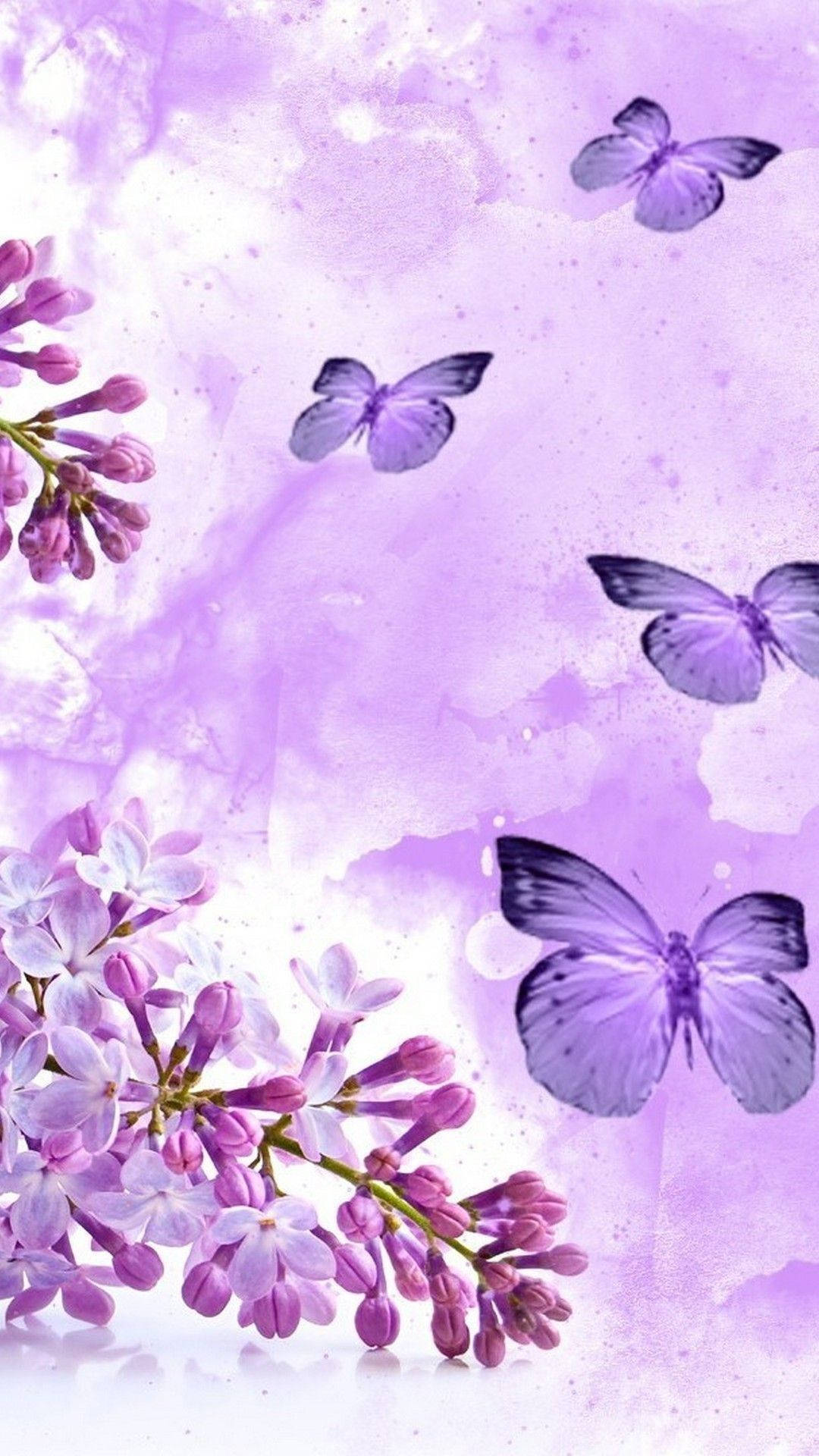purple butterflies, delicate lilac blossoms, soft watercolor purple background, Full HD Phone Wallpaper