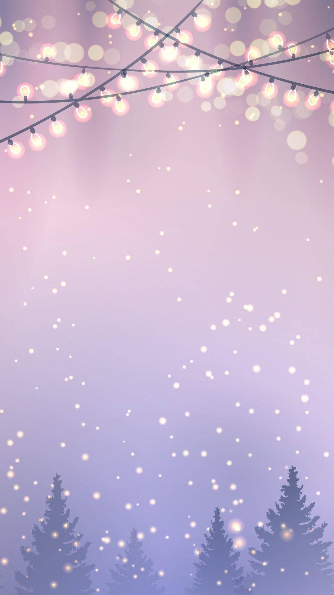 Christmas Lights, falling snowflakes, soft lavender sky, Full HD Phone Wallpaper