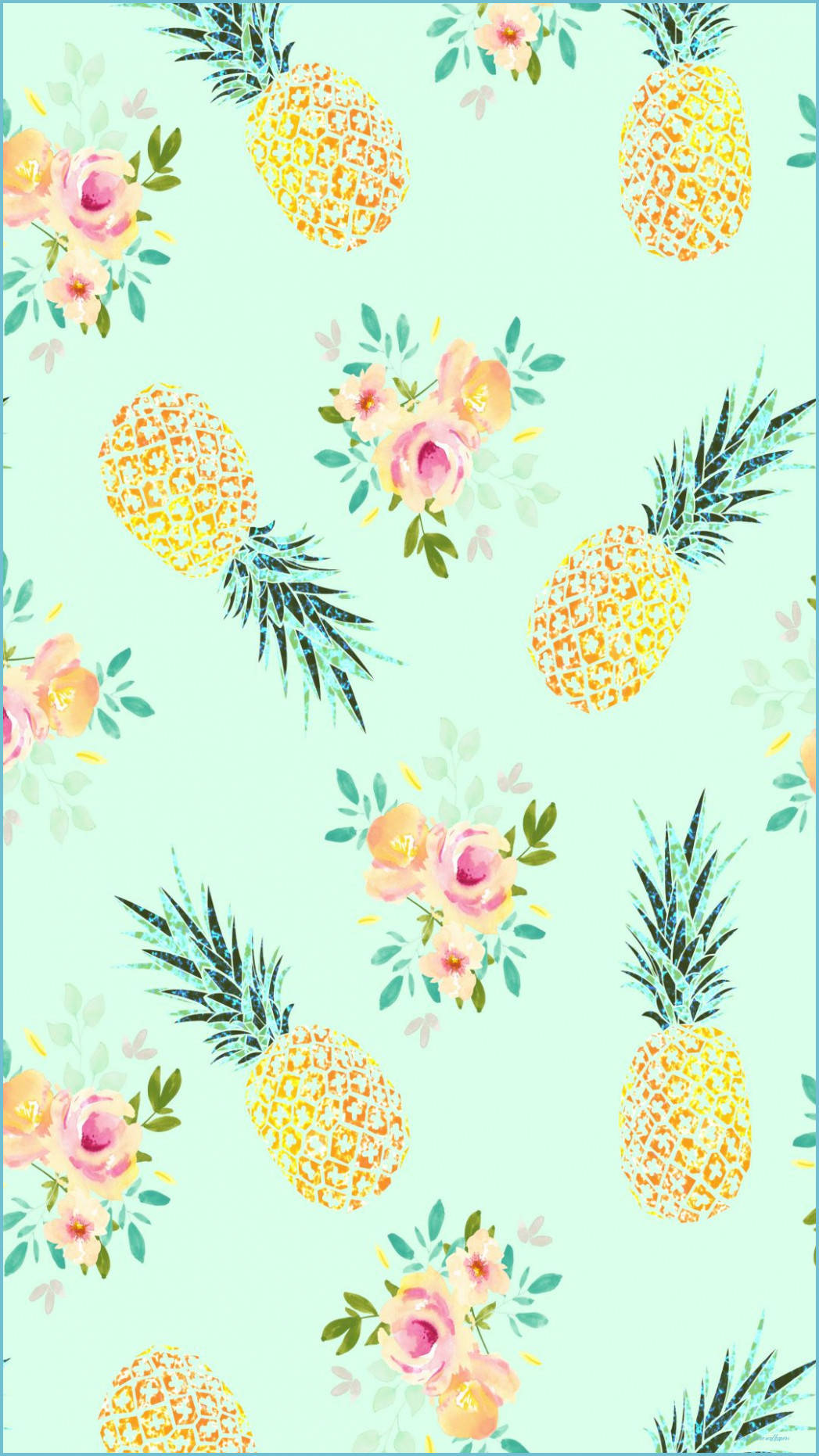 flowers, pineapples, mint green, HD Phone Wallpaper