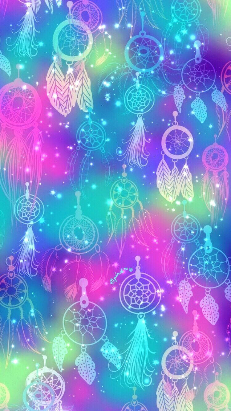 neon dreamcatchers, glowing feathers, sparkling rainbow gradient background, HD Phone Wallpaper