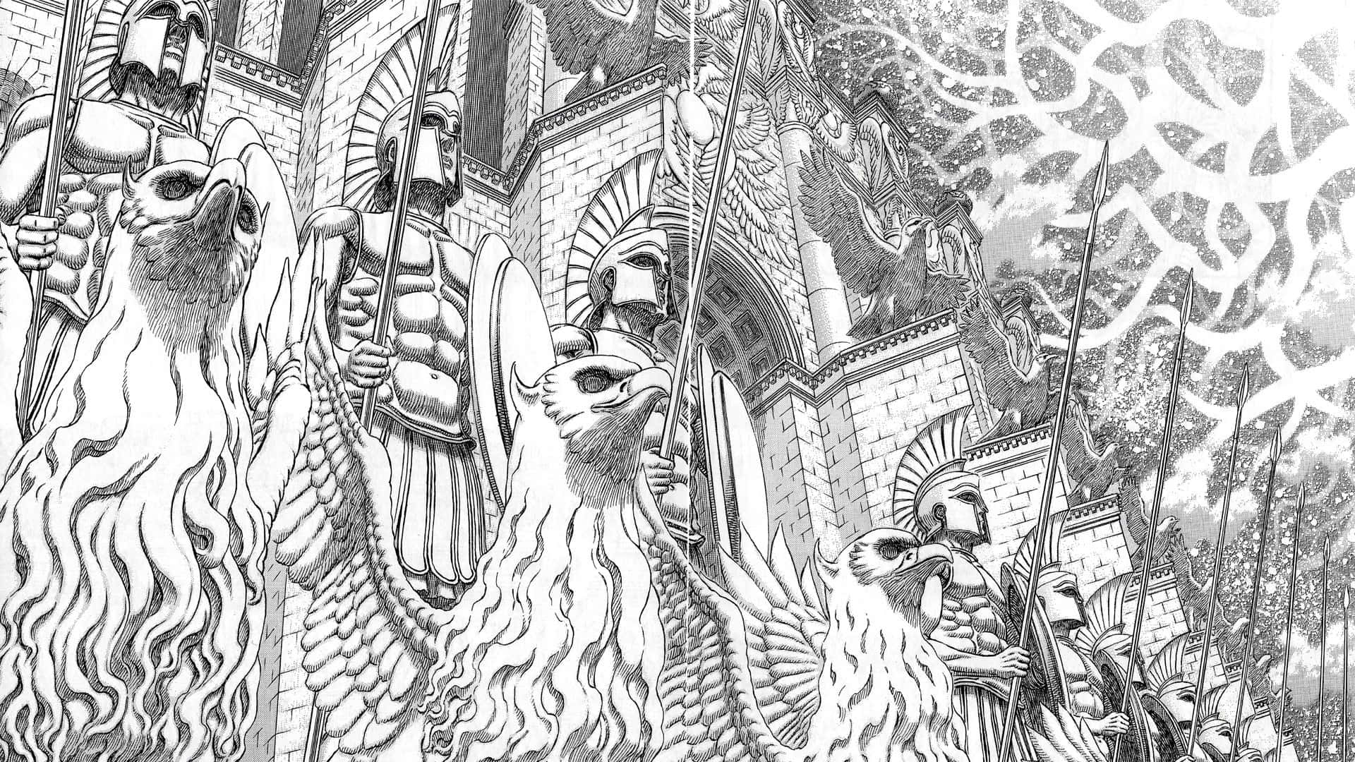 black and white illustration, armored soldiers, griffin-like creatures, Full HD Desktop Wallpaper