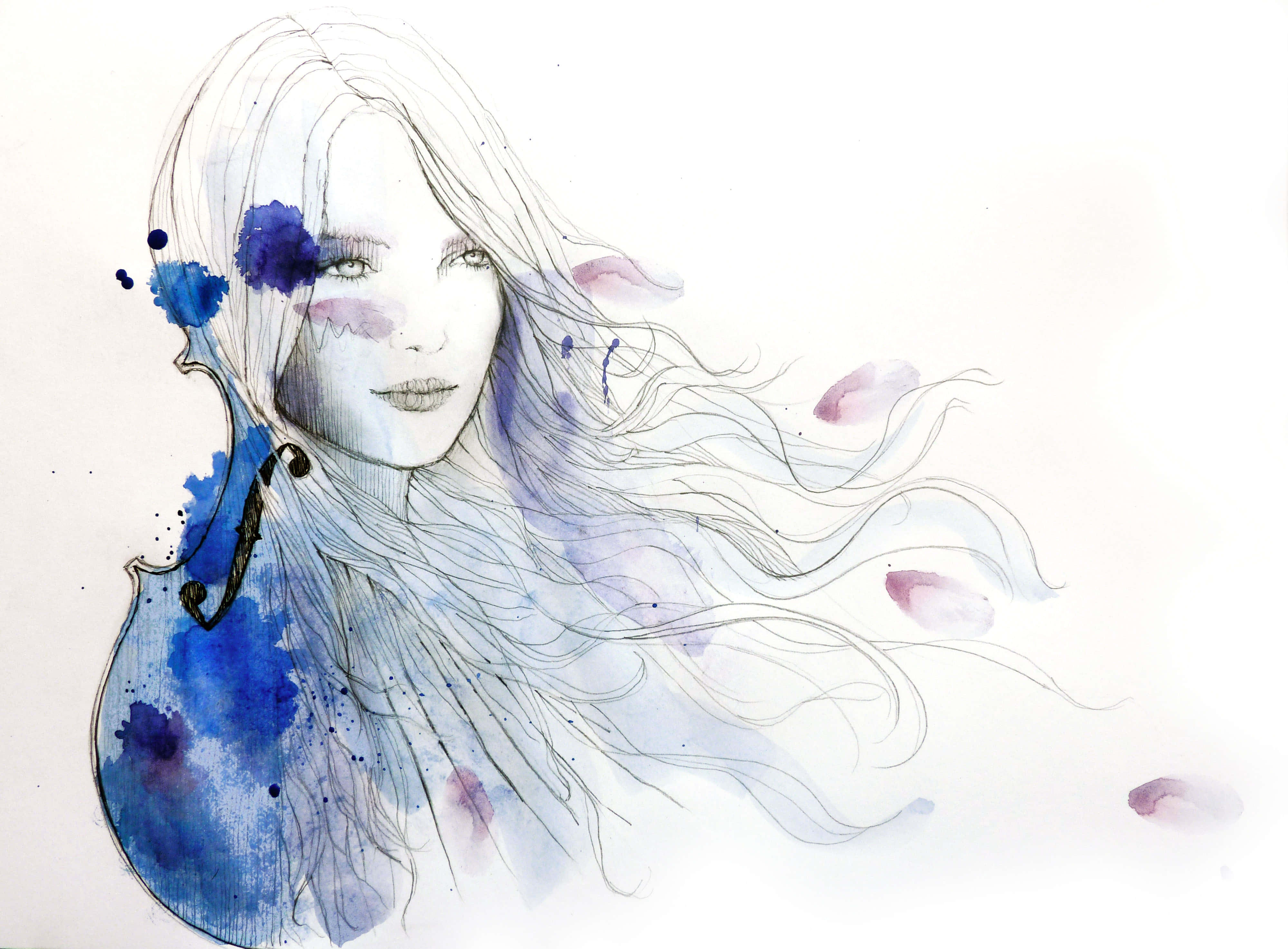watercolor sketch, woman with flowing hair, violin shaped like her torso, 4K Desktop Wallpaper
