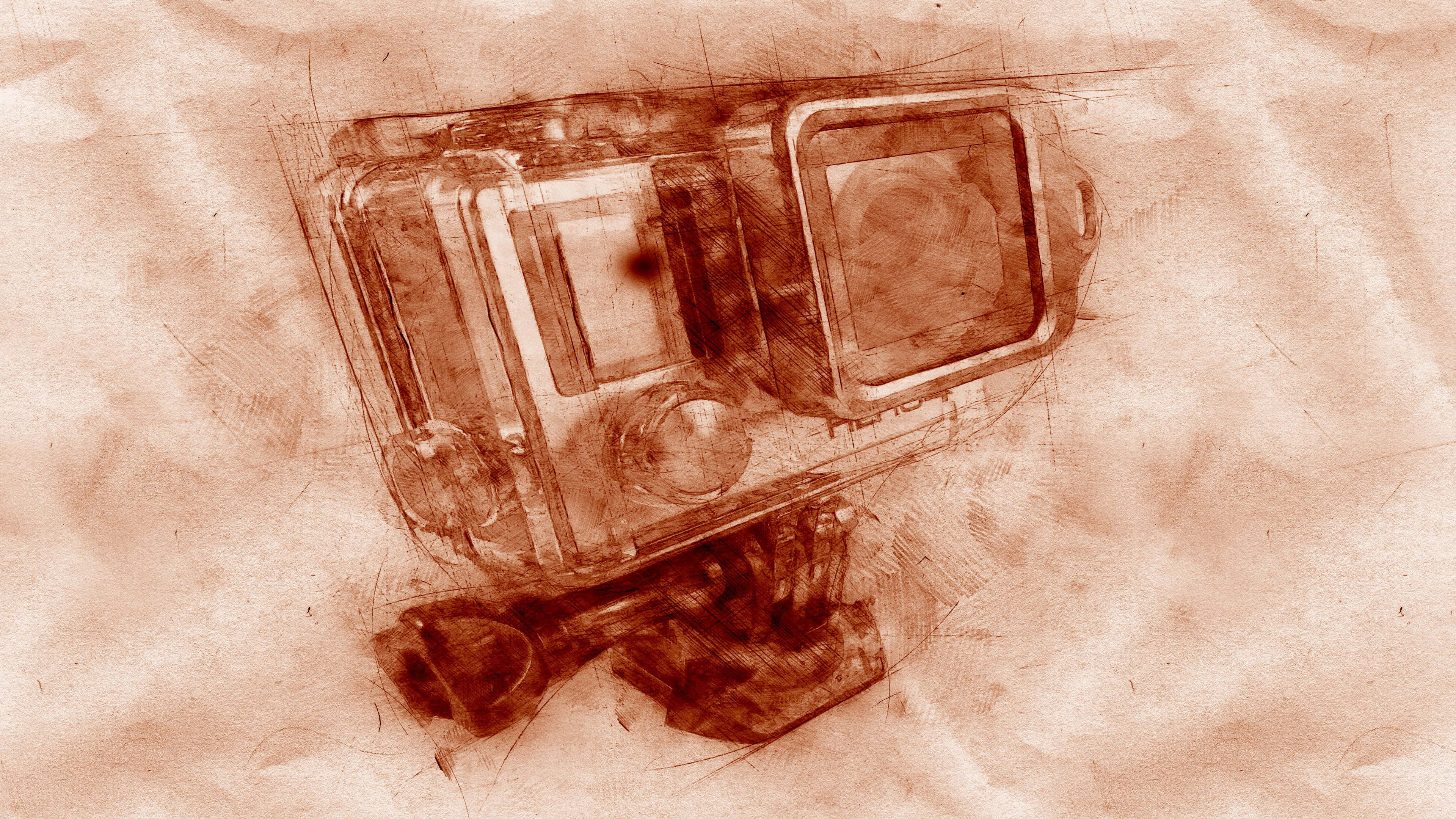 vintage action camera, sepia-toned sketch-style, lens screen buttons, 4K Desktop Wallpaper