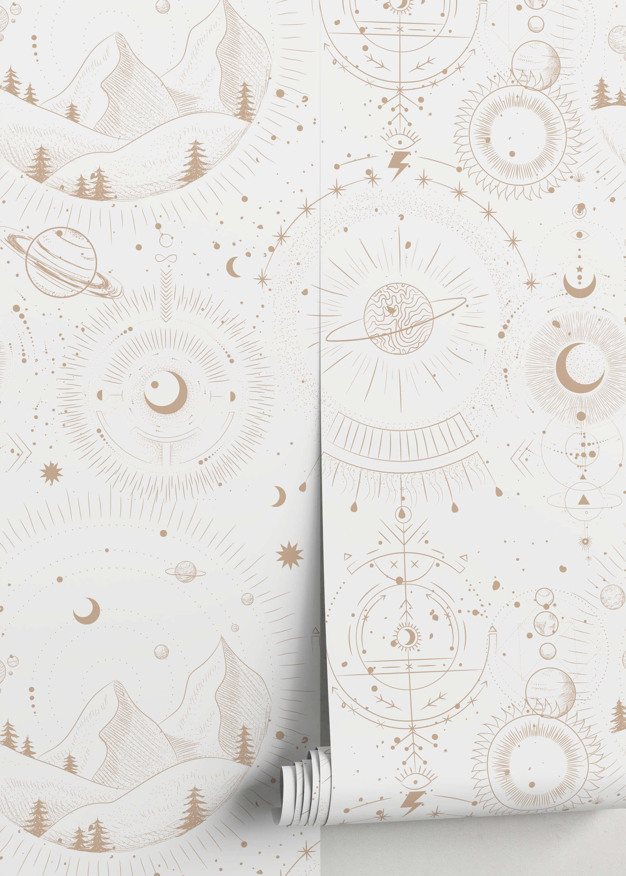 celestial sketchbook art, cream wallpaper, gold line art, 2K Phone Wallpaper