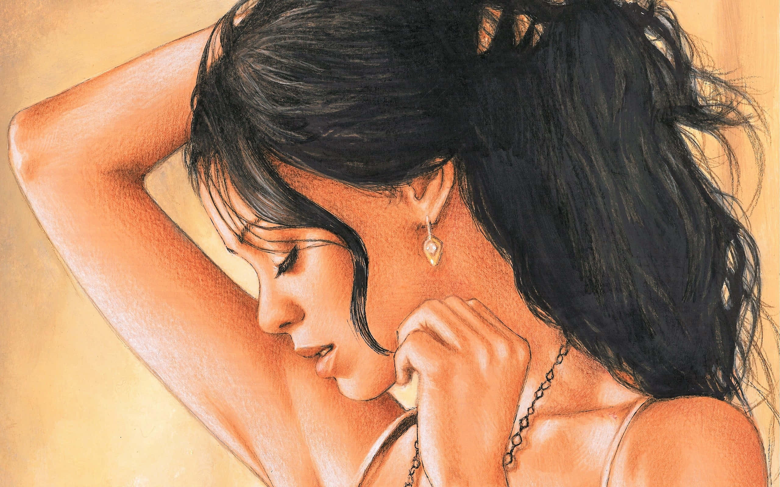 elegant sketchof woman pondering, dark hair, ponytail, 2K Desktop Wallpaper