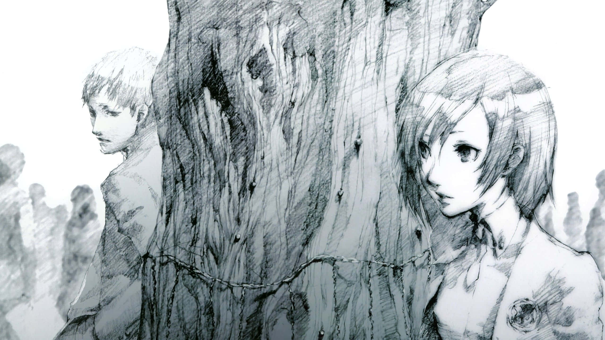 Ethereal Sketchof Youth, anime characters, massive textured tree trunk, 2K Desktop Wallpaper