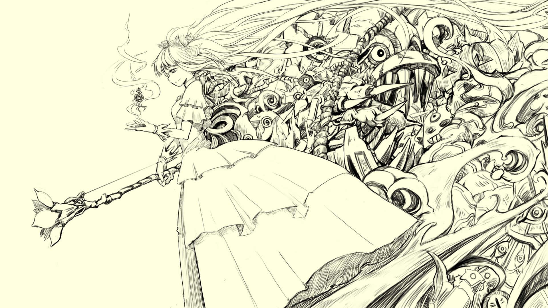anime girl, frilly dress, smoking staff, Full HD Desktop Wallpaper