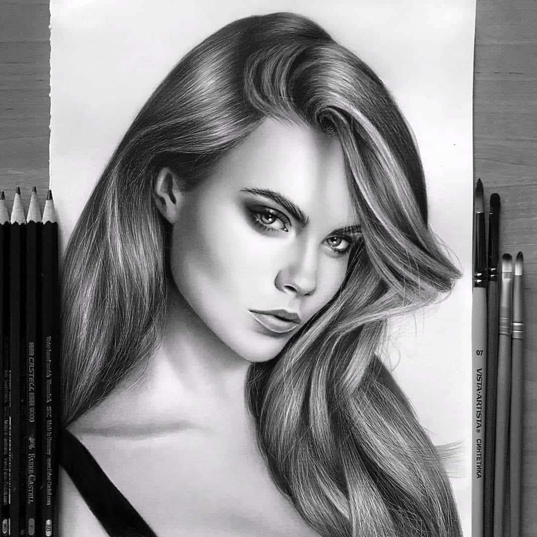 monochrome beauty sketch, hyperrealistic black and white pencil portrait, woman with long wavy hair, SD Desktop Wallpaper