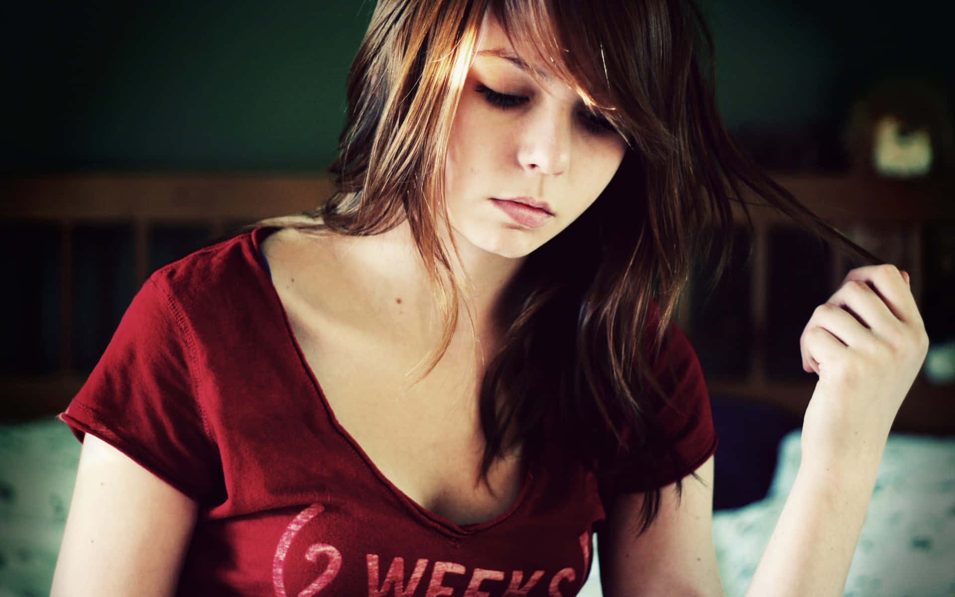 emo girl, brown hair, red t-shirt, Full HD Desktop Wallpaper