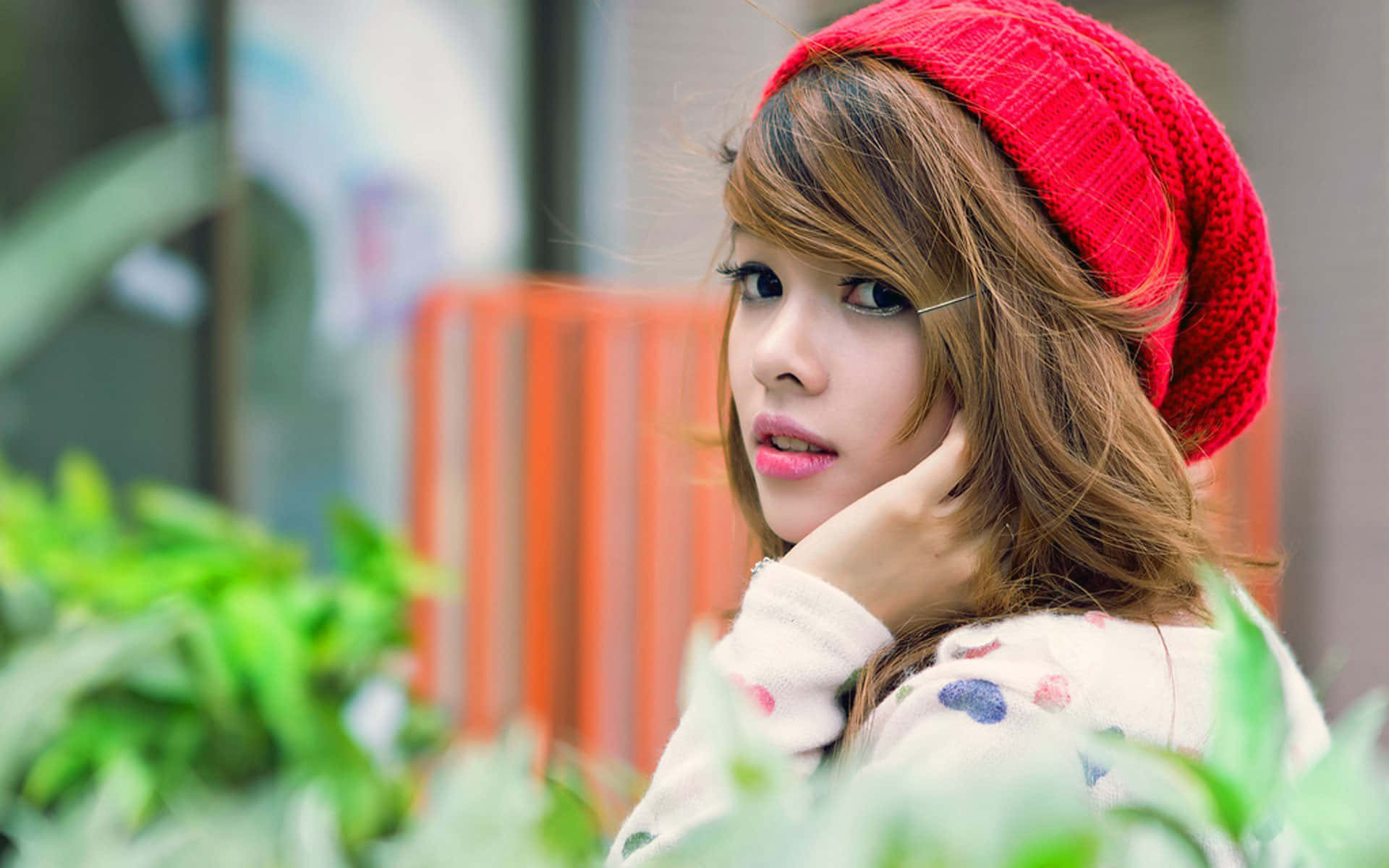 red knit hat, green foliage, young woman, Full HD Desktop Wallpaper