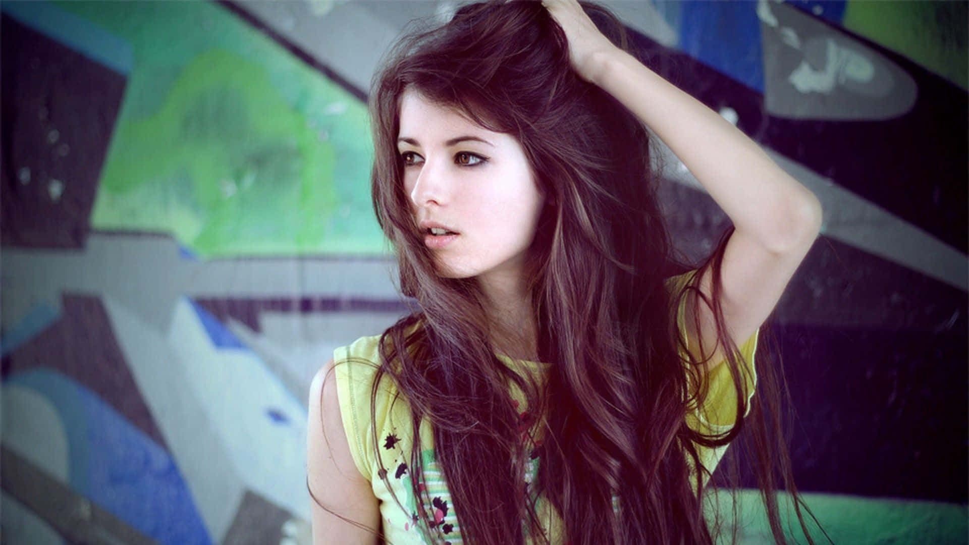 cool pretty teen girl, young woman, long dark hair, Full HD Desktop Wallpaper