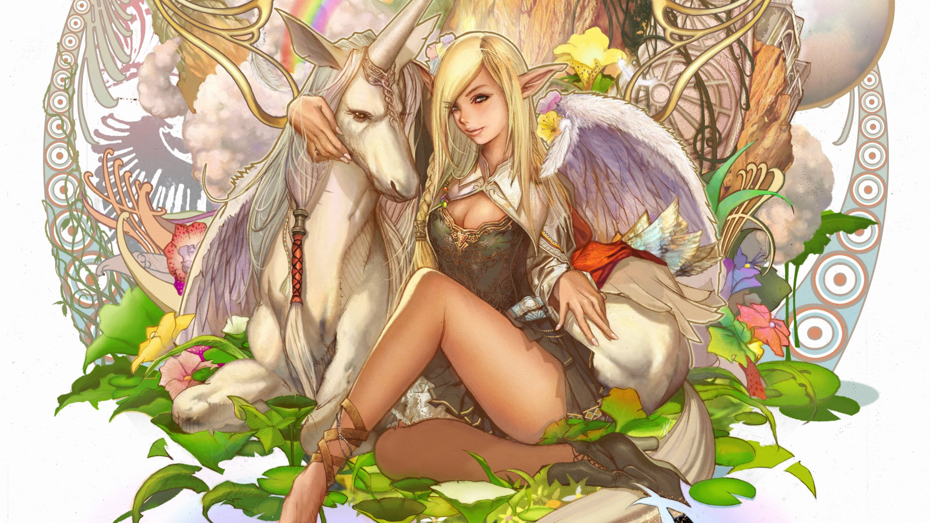 enchanted forest, pretty unicorn, golden hair, 2K Desktop Wallpaper