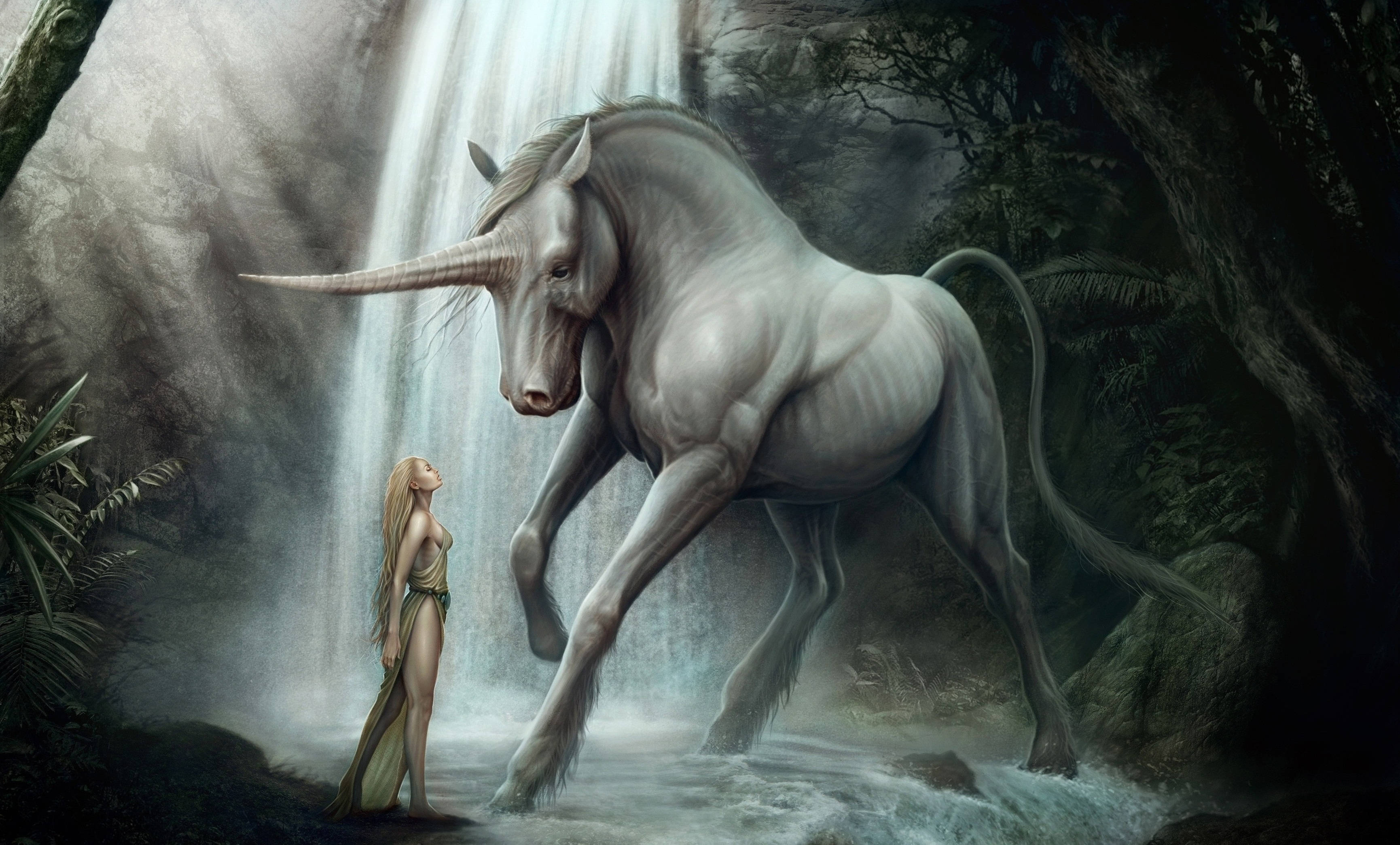 Pretty Unicorn, white unicorn, cascading waterfall, 2K Desktop Wallpaper