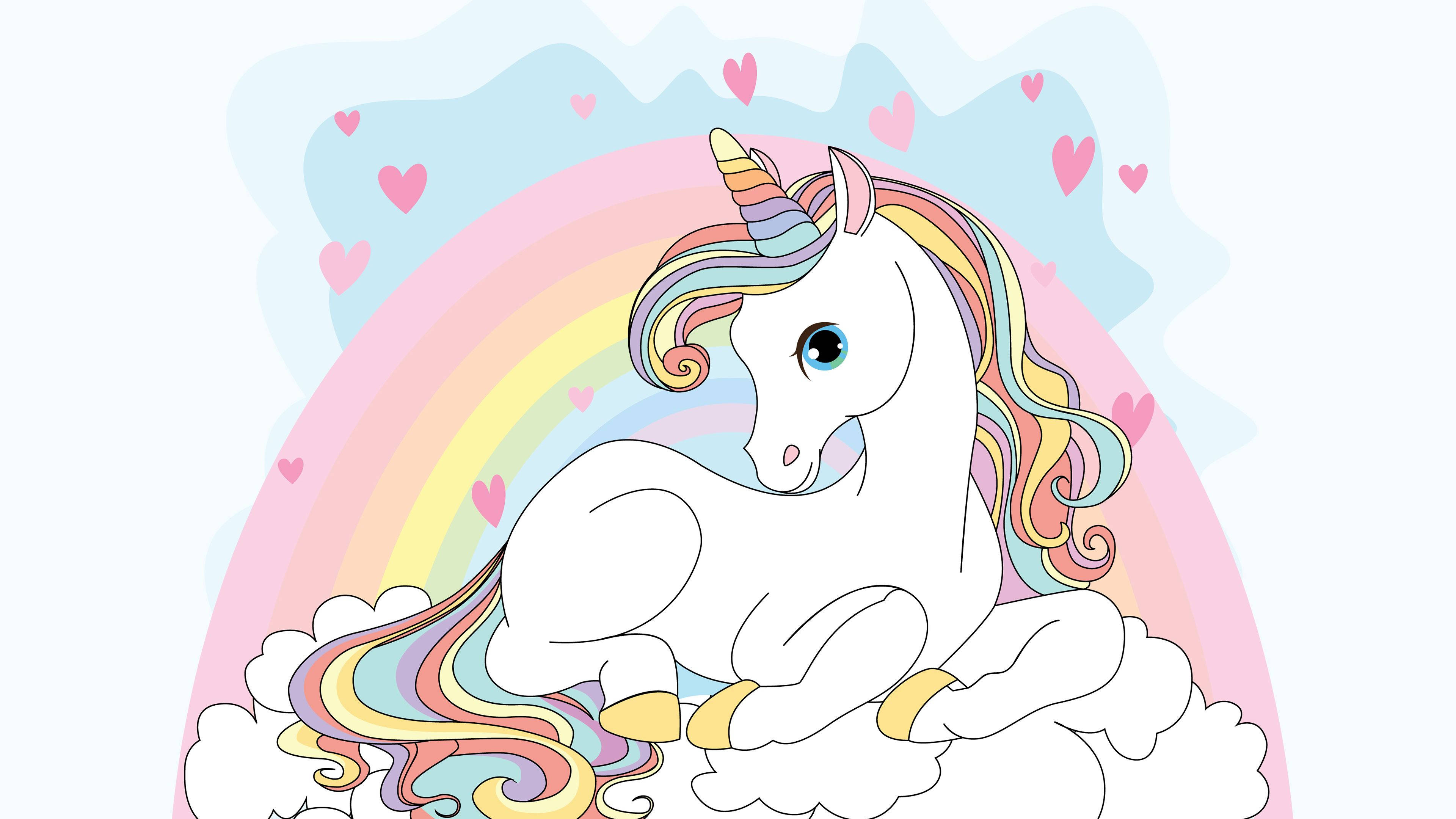 cute cartoon unicorn, rainbow mane, rainbow horn, 4K Desktop Wallpaper