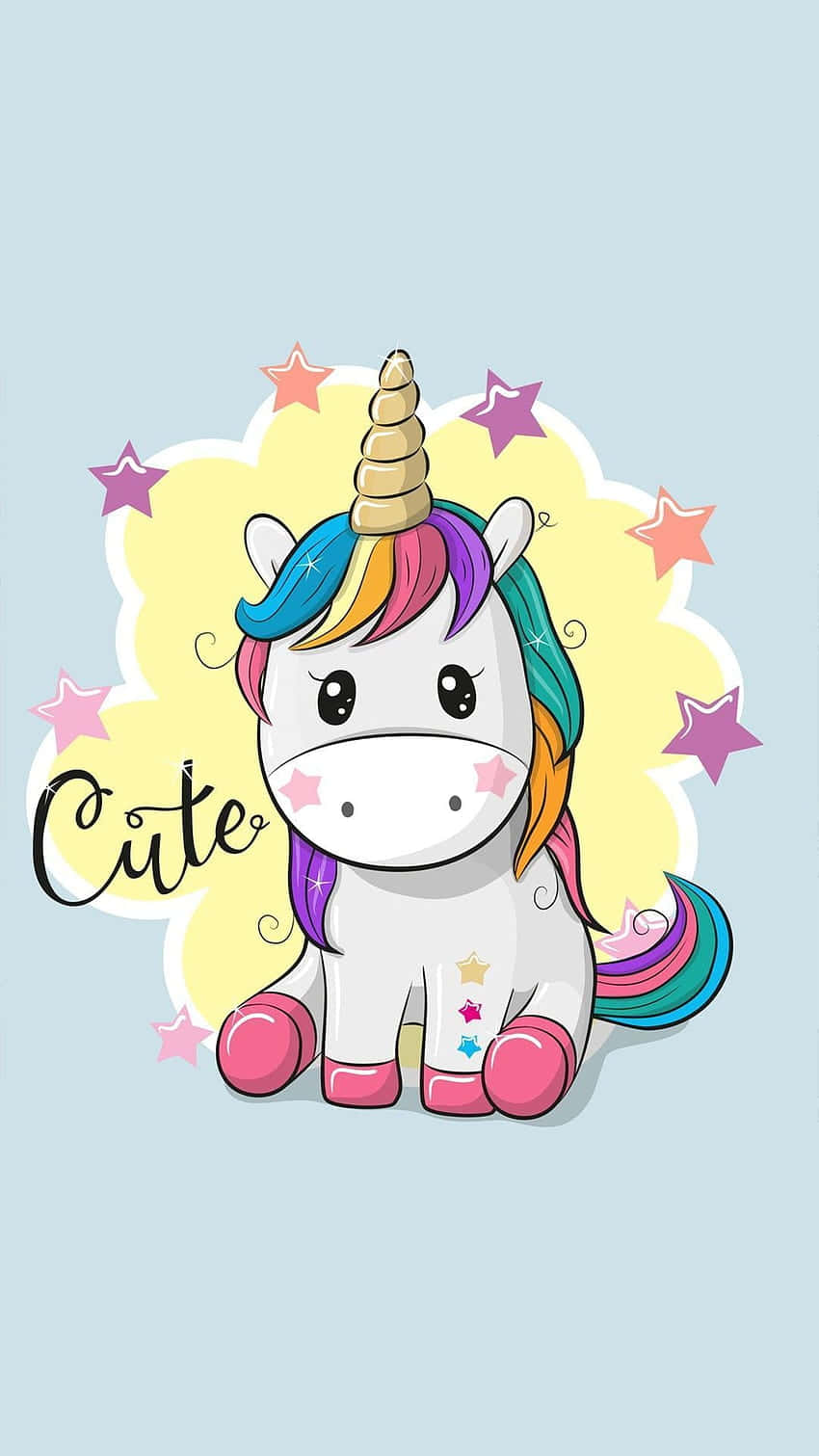 cute cartoon unicorn, rainbow mane, pink hooves, HD Phone Wallpaper