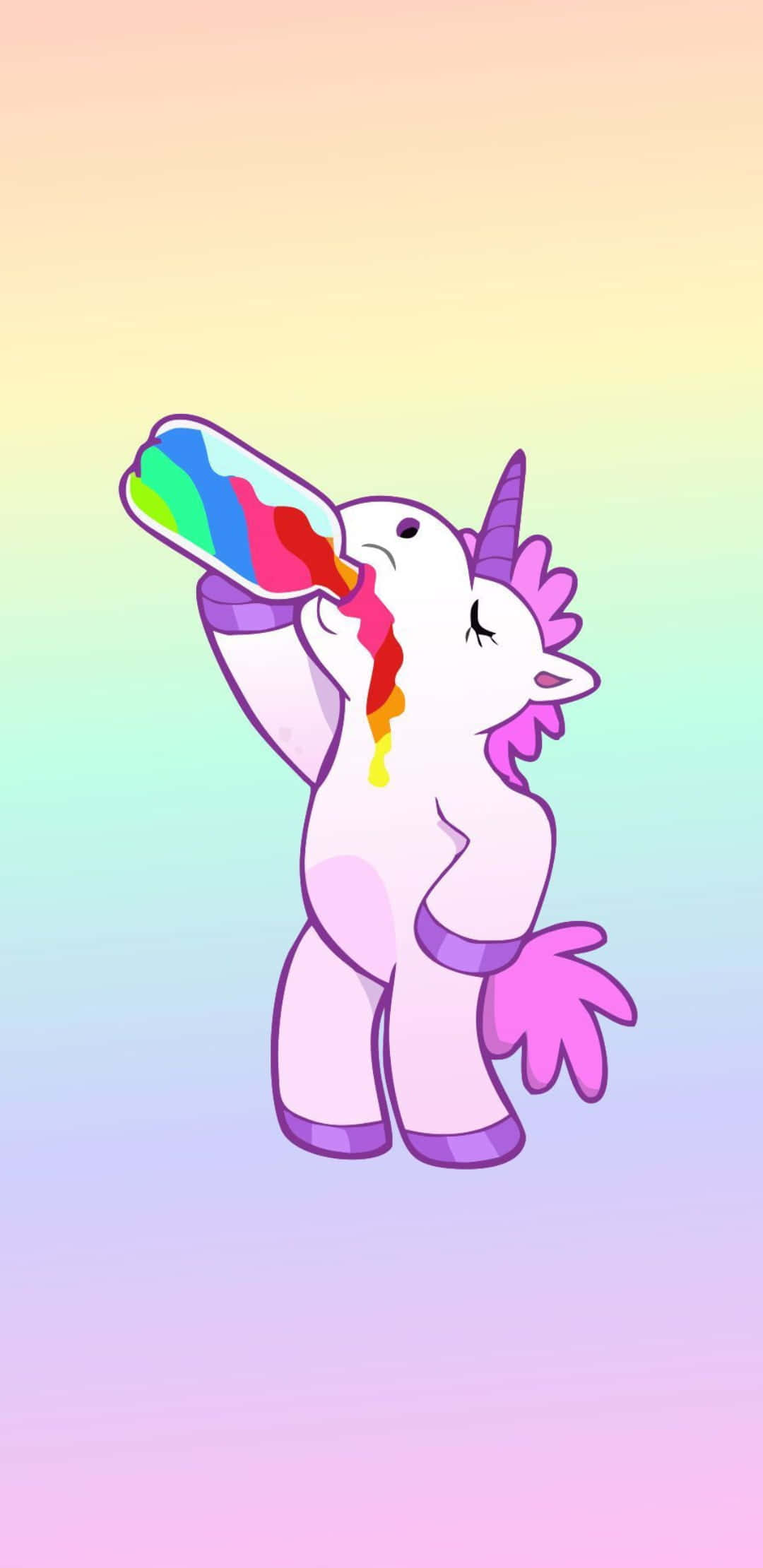 cute cartoon unicorn, purple mane and horn, rainbow-colored liquid, Full HD Phone Wallpaper