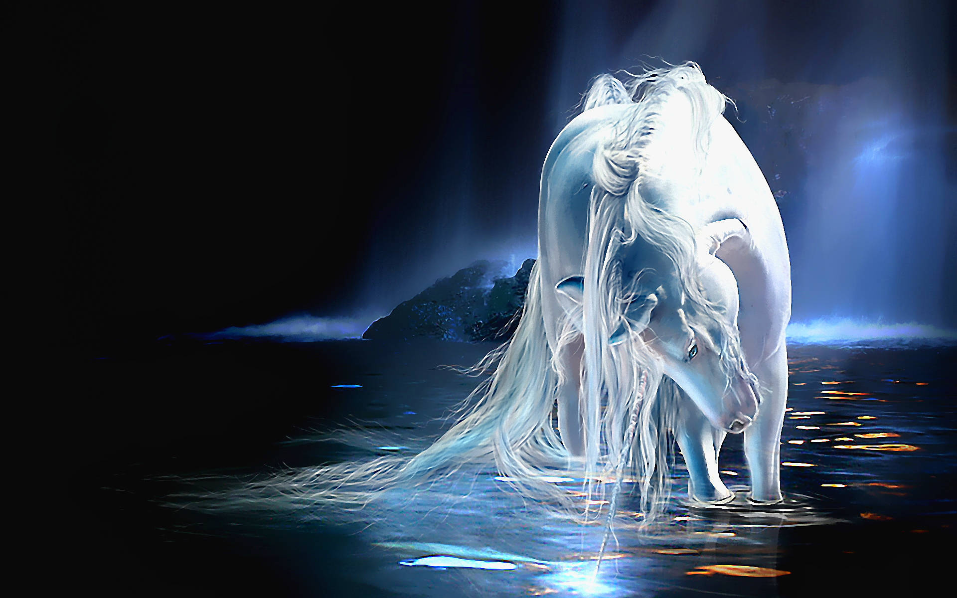 Lake Pretty Unicorn, luminous white horse, flowing mane, Full HD Desktop Wallpaper