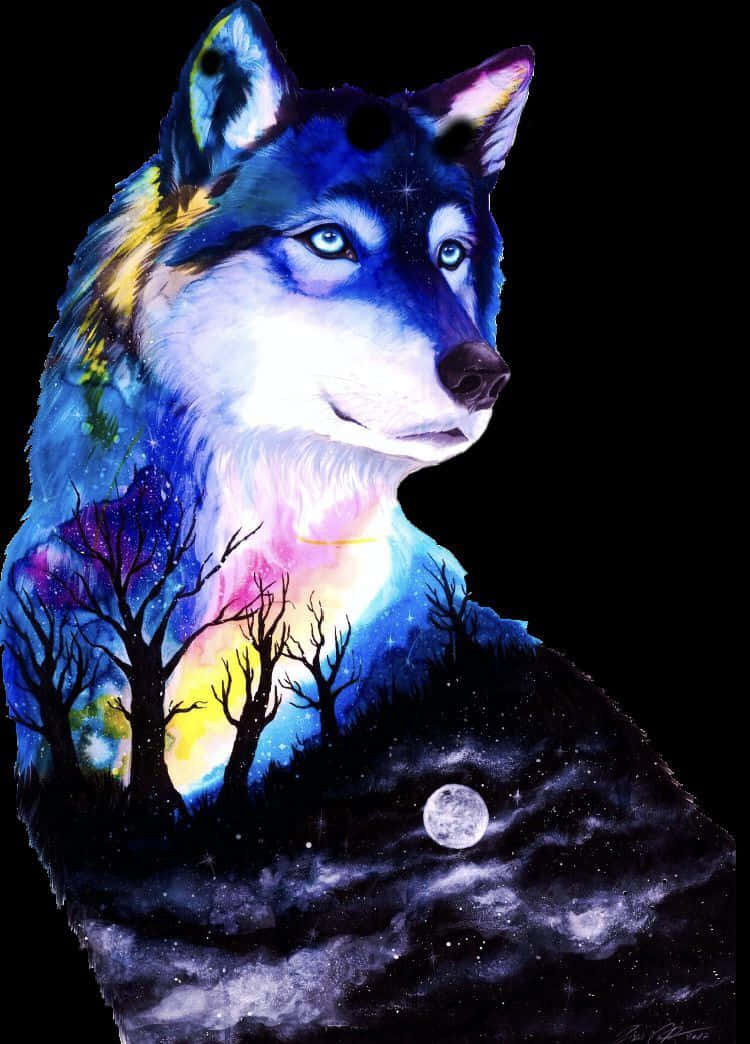 Pretty Wolf, cosmic fur, glowing moon, SD Phone Wallpaper
